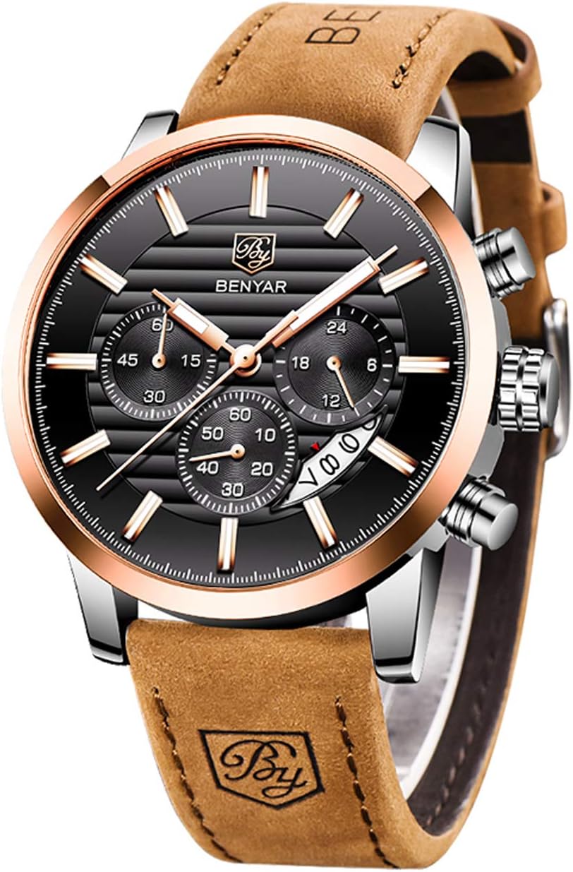 BENYAR Quartz Chronograph Waterproof Watches Business and Sport Design Leather Band Strap Wrist Watch for Men