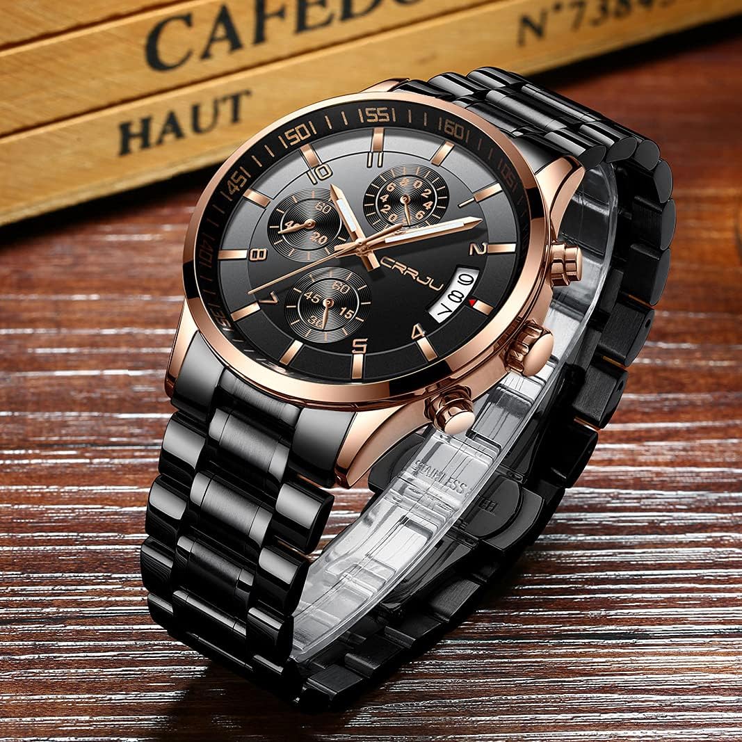 CRRJU Men's Fashion Stainless Steel Watches Date Waterproof Chronograph Wristwatches,Stainsteel Steel Band Waterproof Watch