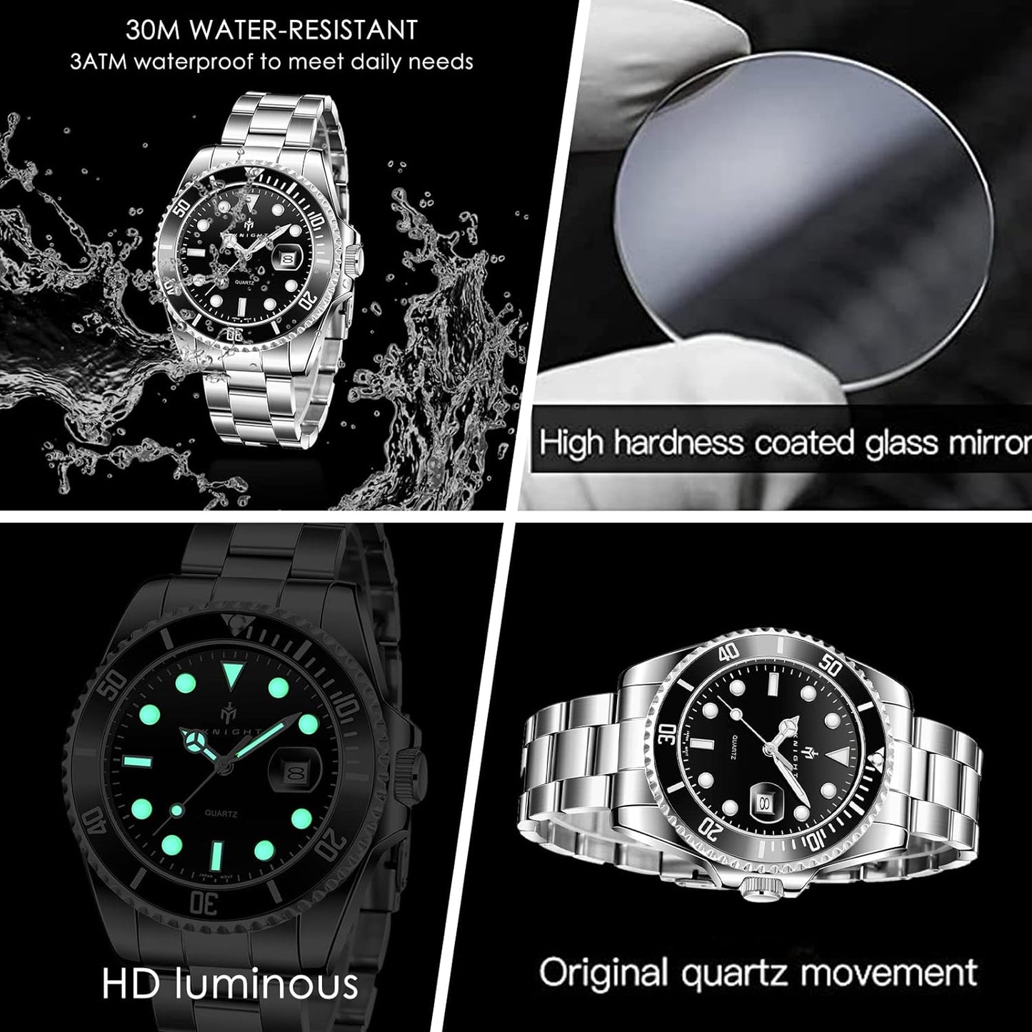 BY BENYAR AKNIGHT Watches for Men Quartz Movement Watch,Waterproof Luminous Men's Watch, Stainless Steel Strap Business Watches