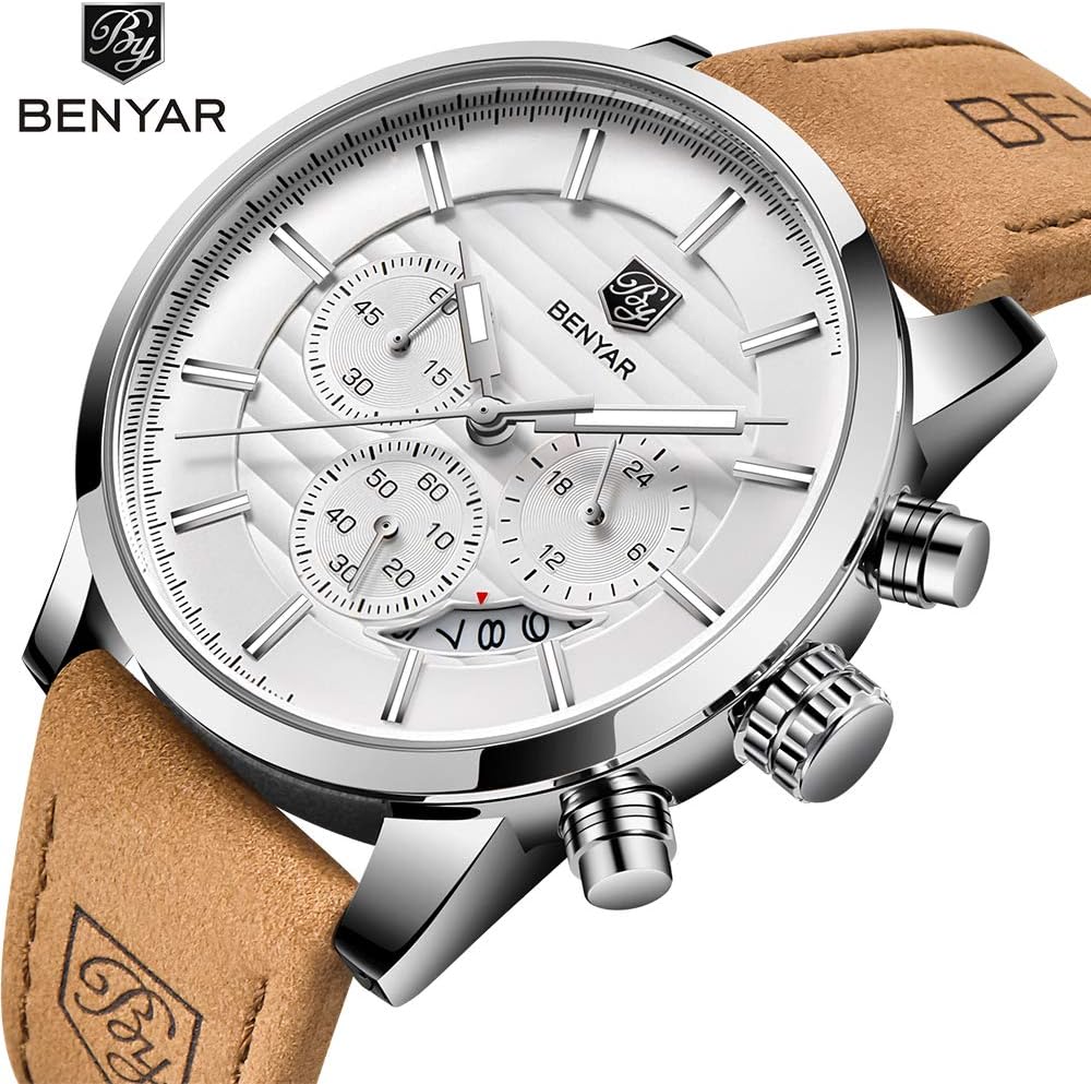BENYAR Quartz Chronograph Waterproof Watches Business and Sport Design Leather Band Strap Wrist Watch for Men