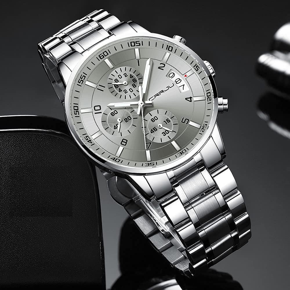 CRRJU Men's Fashion Stainless Steel Watches Date Waterproof Chronograph Wristwatches,Stainsteel Steel Band Waterproof Watch