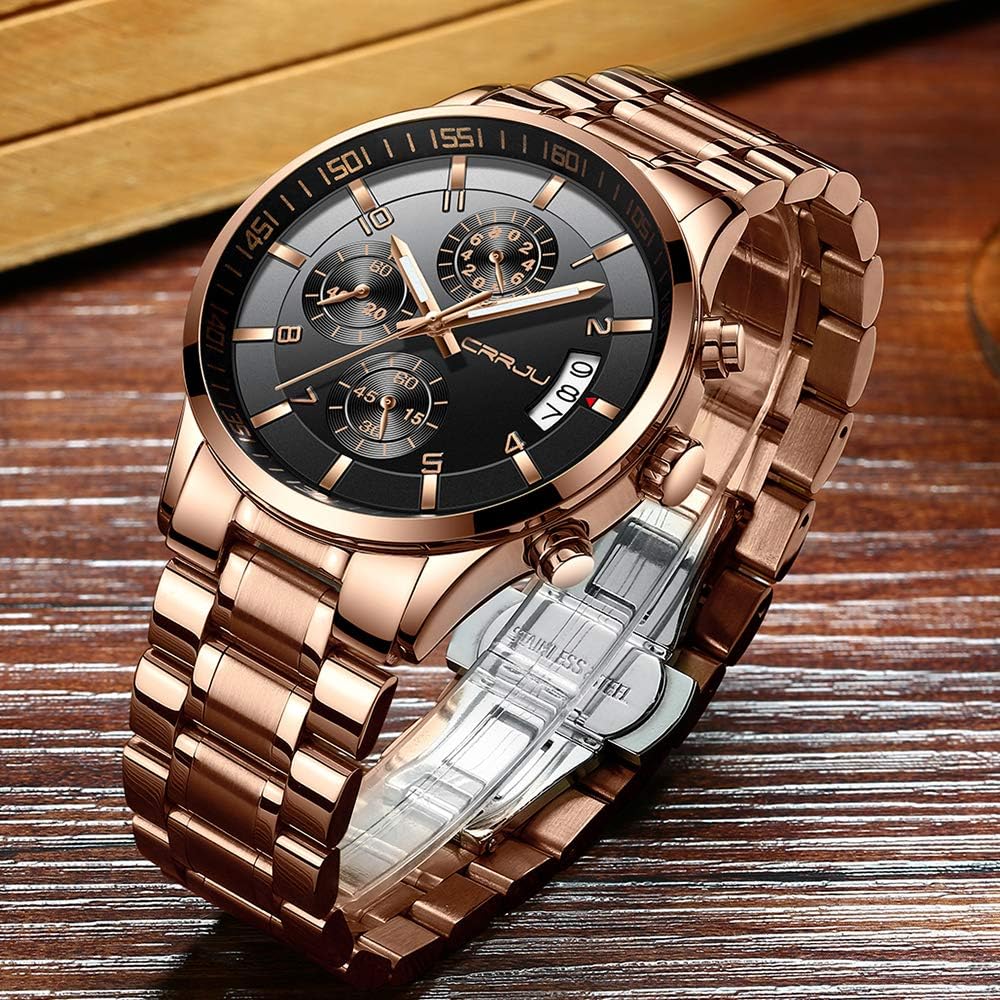 CRRJU Men's Fashion Stainless Steel Watches Date Waterproof Chronograph Wristwatches,Stainsteel Steel Band Waterproof Watch