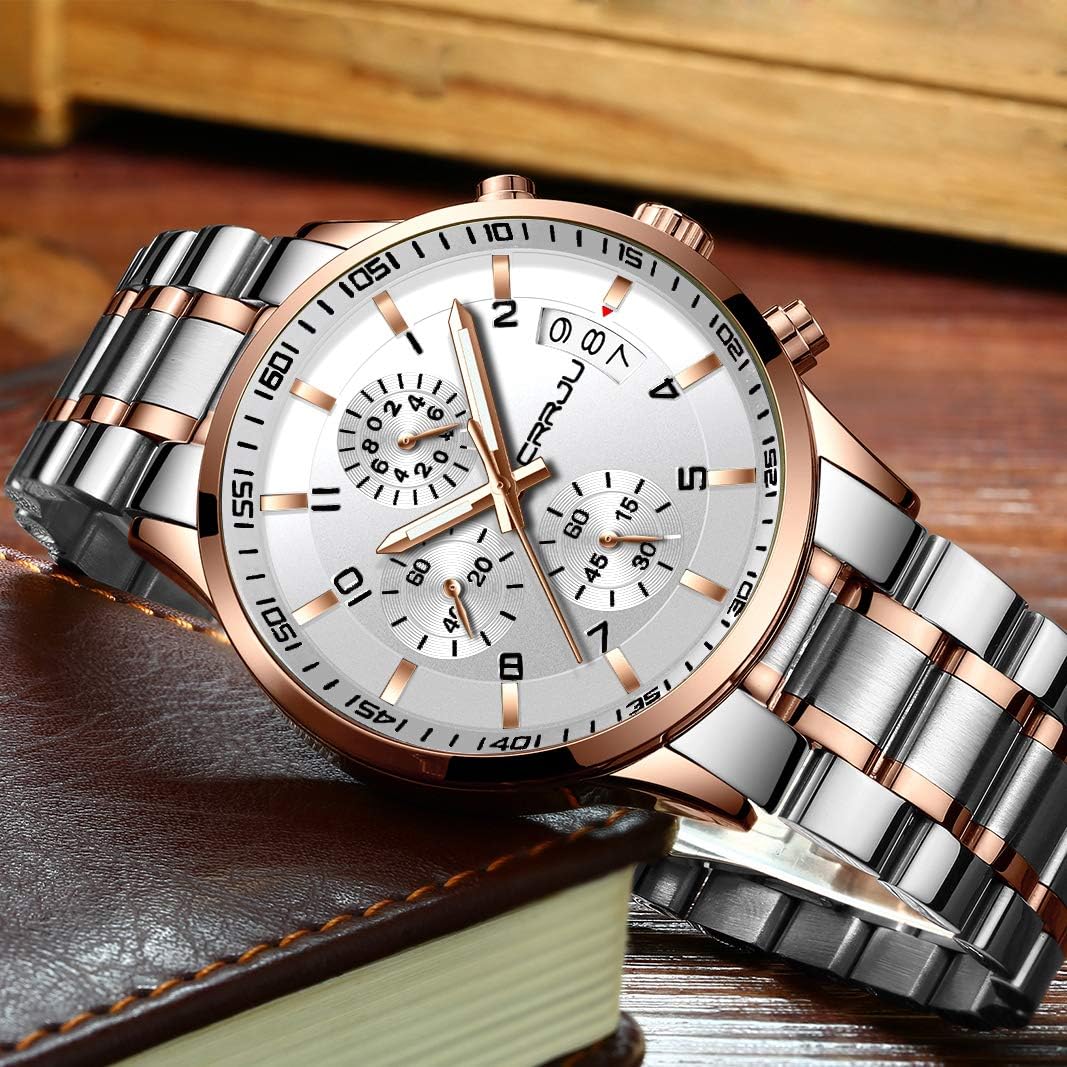 CRRJU Men's Fashion Stainless Steel Watches Date Waterproof Chronograph Wristwatches,Stainsteel Steel Band Waterproof Watch