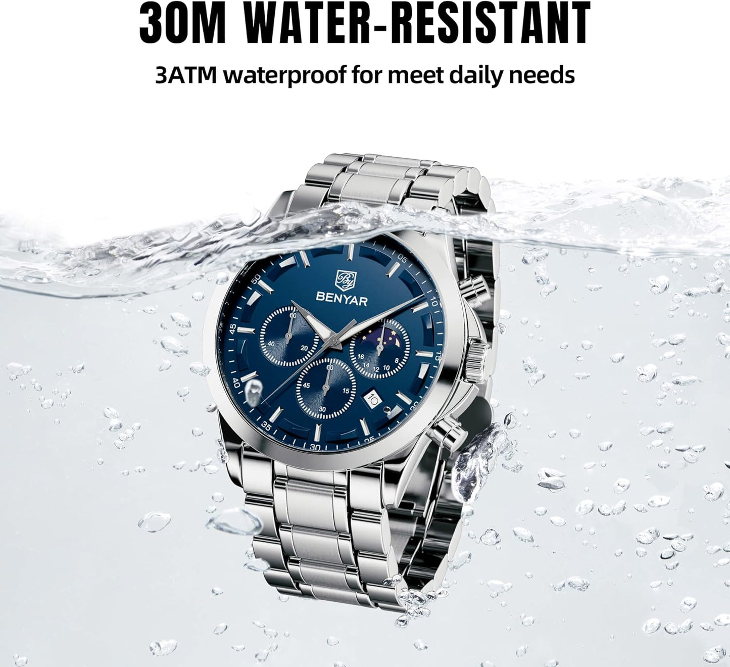 BY BENYAR Men's Watches Waterproof Sport Military Watch for Men Multifunction Chronograph Black Fashion Quartz Wristwatches Calendar with Leather Strap/Stainless Steel