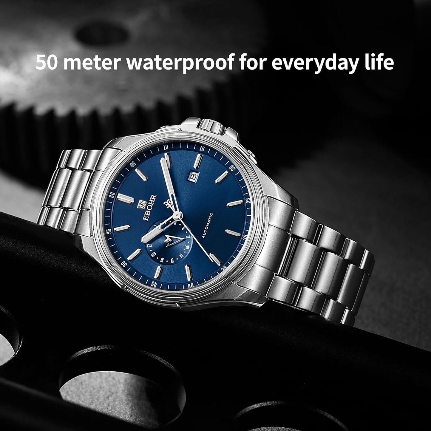 EBOHR Men's 21Jewel Mechanical Watch 316L Stainless Steel Wrist Watch Multifunctional Luminous Dial and Hand Easy to Read 43MM Business Classic Watch
