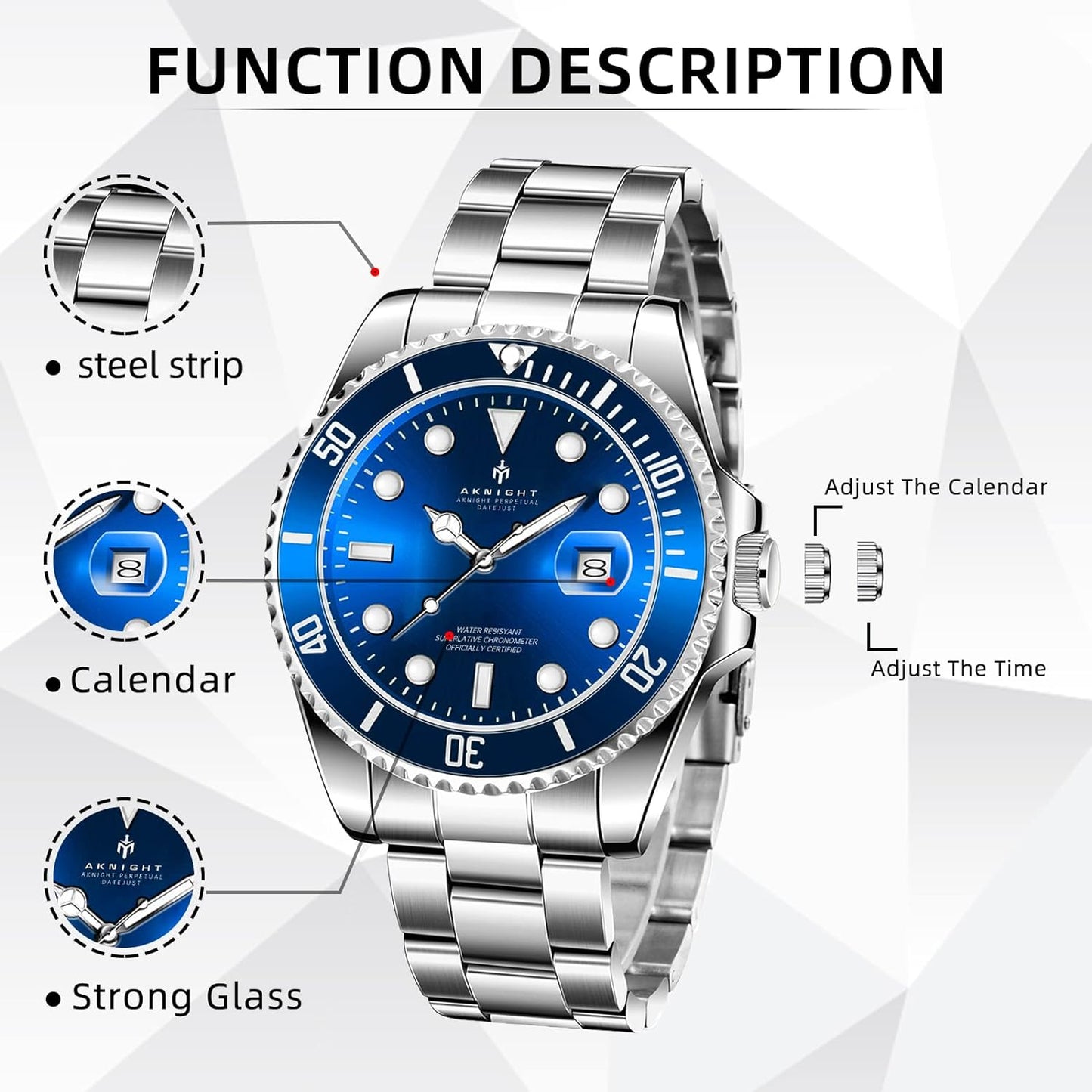 BY BENYAR AKNIGHT Watches for Men Quartz Movement Watch,Waterproof Luminous Men's Watch, Stainless Steel Strap Business Watches