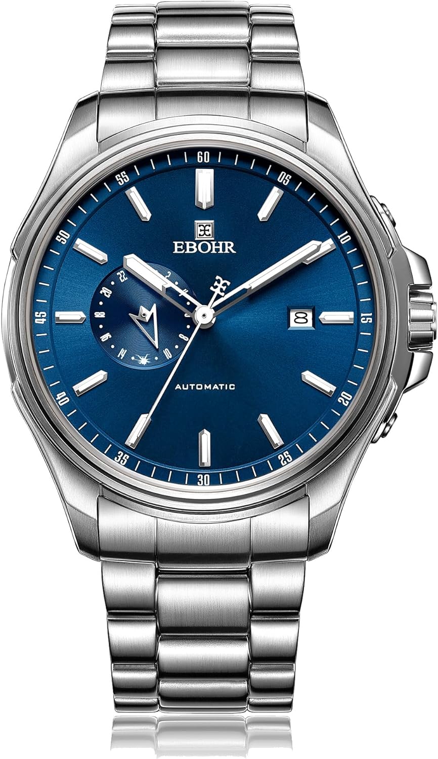 EBOHR Men's 21Jewel Mechanical Watch 316L Stainless Steel Wrist Watch Multifunctional Luminous Dial and Hand Easy to Read 43MM Business Classic Watch