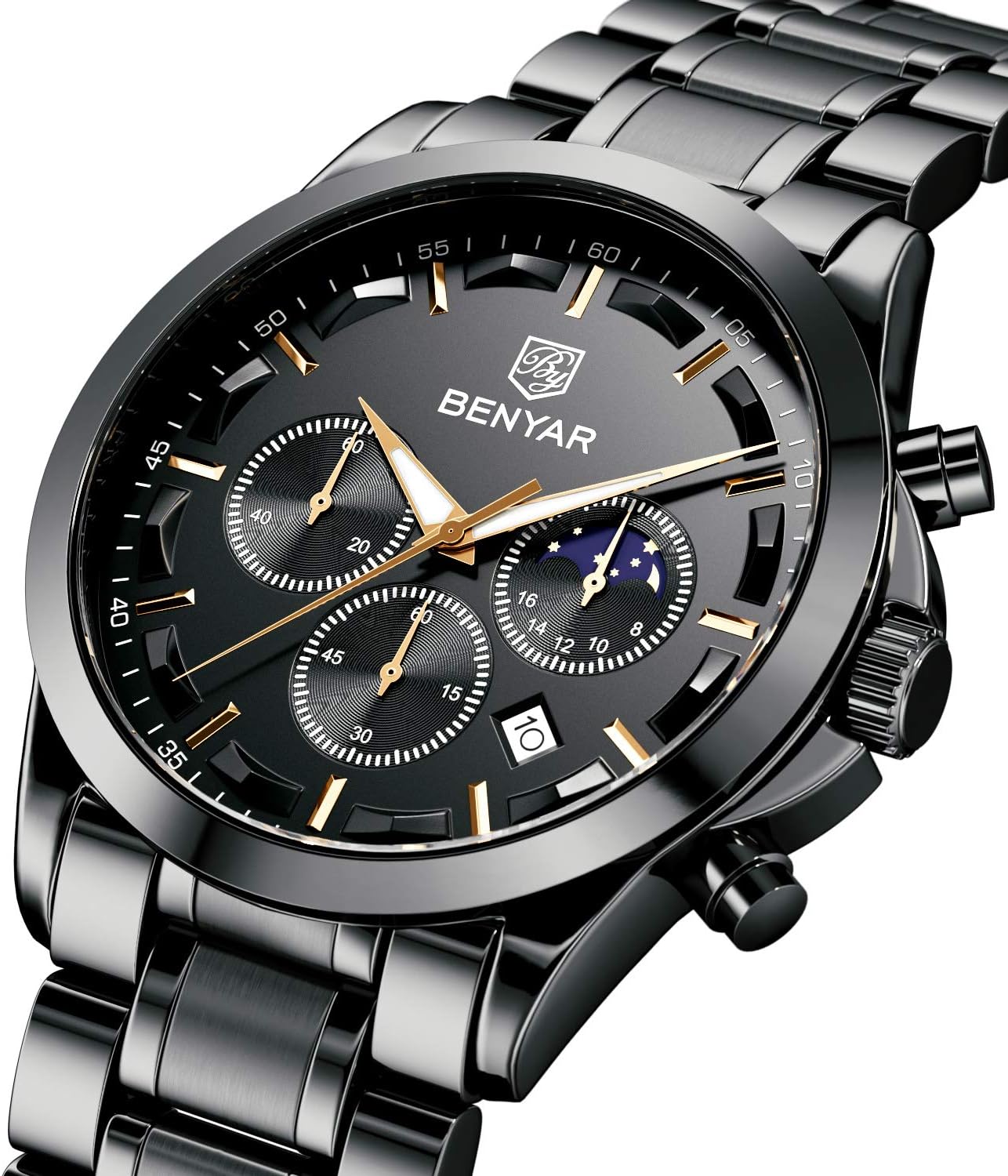 BY BENYAR Men's Watches Waterproof Sport Military Watch for Men Multifunction Chronograph Black Fashion Quartz Wristwatches Calendar with Leather Strap/Stainless Steel