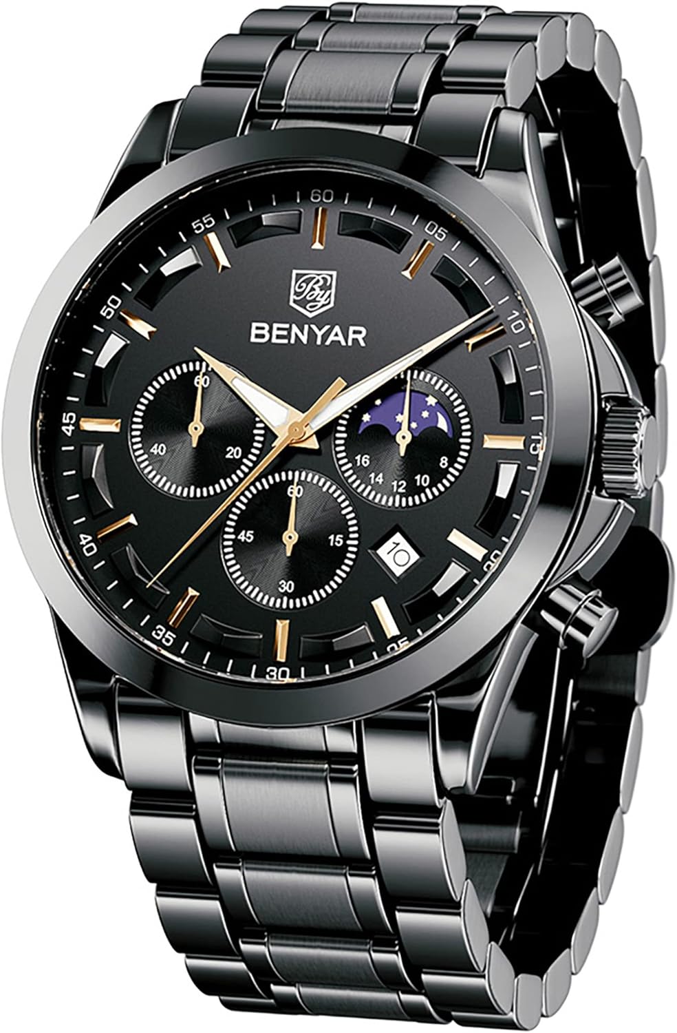 BY BENYAR Men's Watches Waterproof Sport Military Watch for Men Multifunction Chronograph Black Fashion Quartz Wristwatches Calendar with Leather Strap/Stainless Steel
