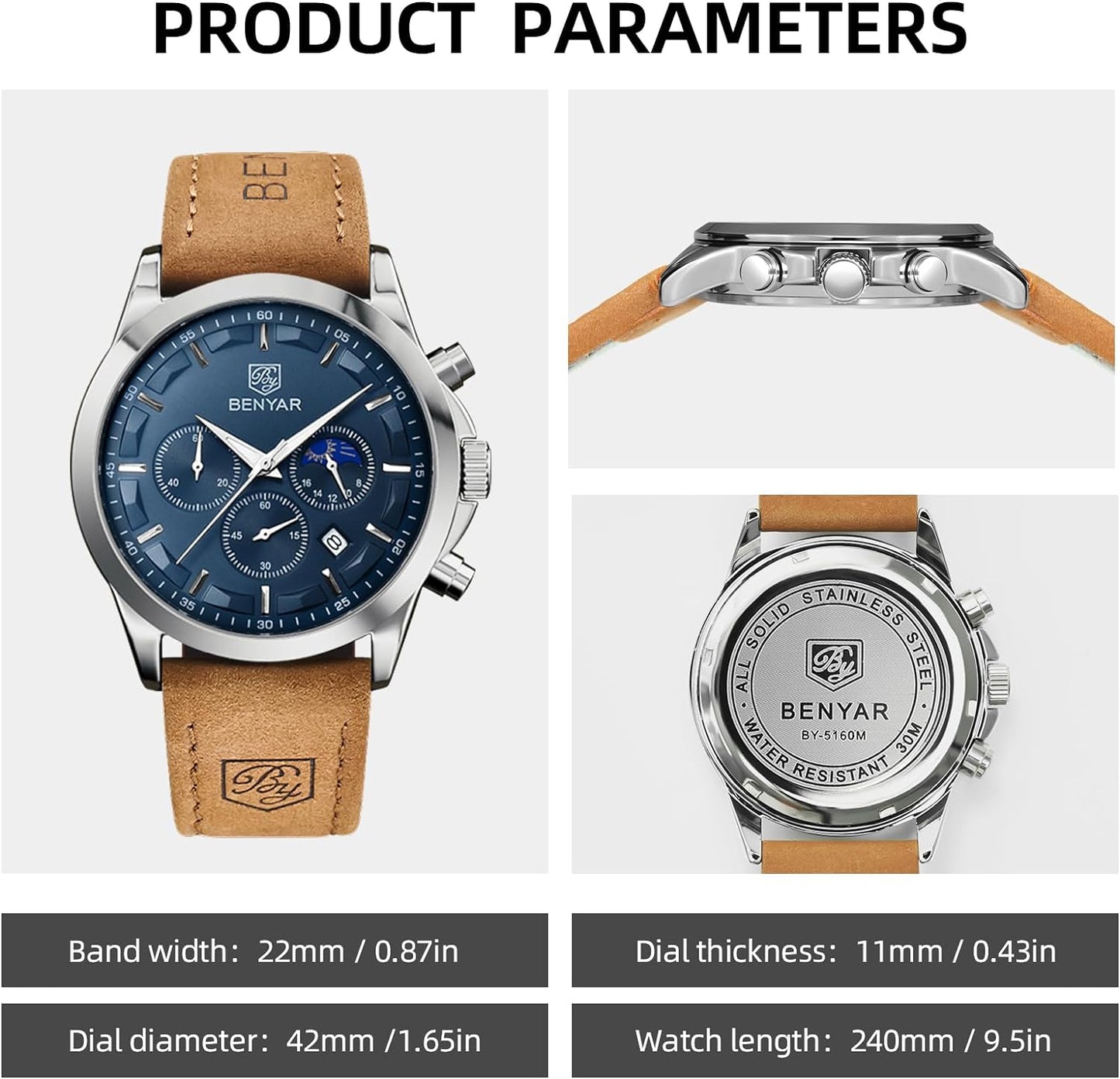 BY BENYAR Men's Watches Waterproof Sport Military Watch for Men Multifunction Chronograph Black Fashion Quartz Wristwatches Calendar with Leather Strap/Stainless Steel