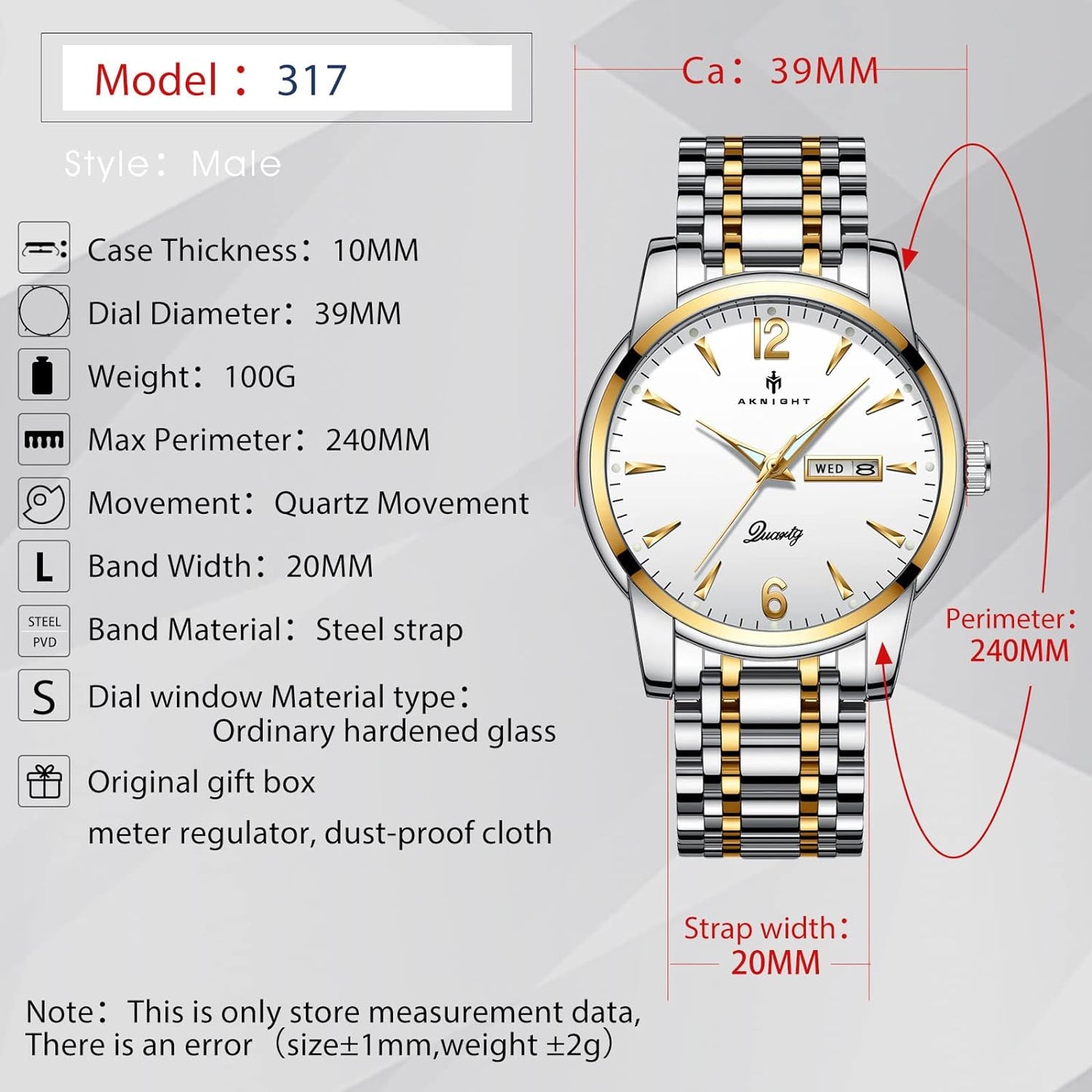 BY BENYAR AKNIGHT Watches for Men Quartz Movement Watch,Waterproof Luminous Men's Watch, Stainless Steel Strap Business Watches