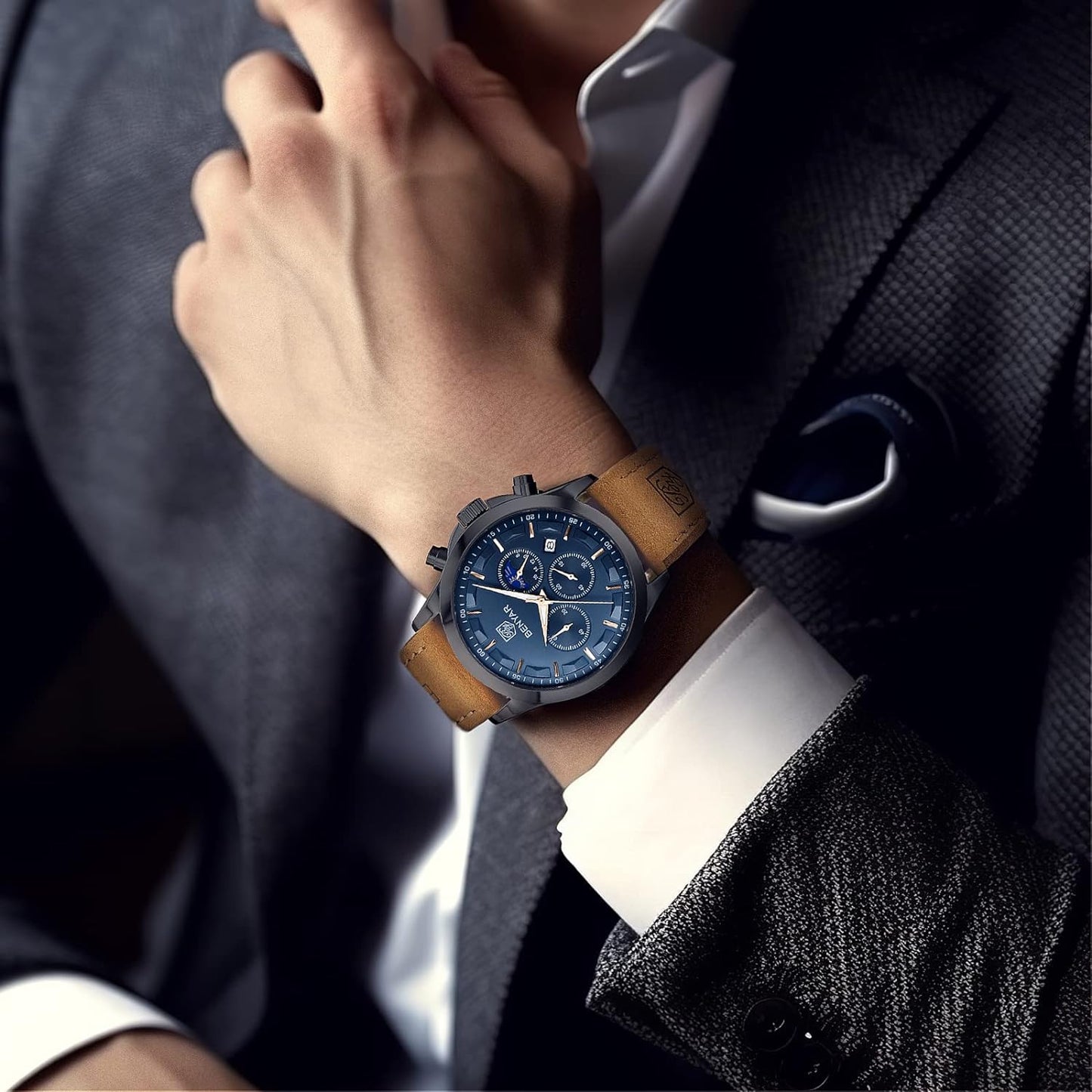 BY BENYAR Men's Watches Waterproof Sport Military Watch for Men Multifunction Chronograph Black Fashion Quartz Wristwatches Calendar with Leather Strap/Stainless Steel