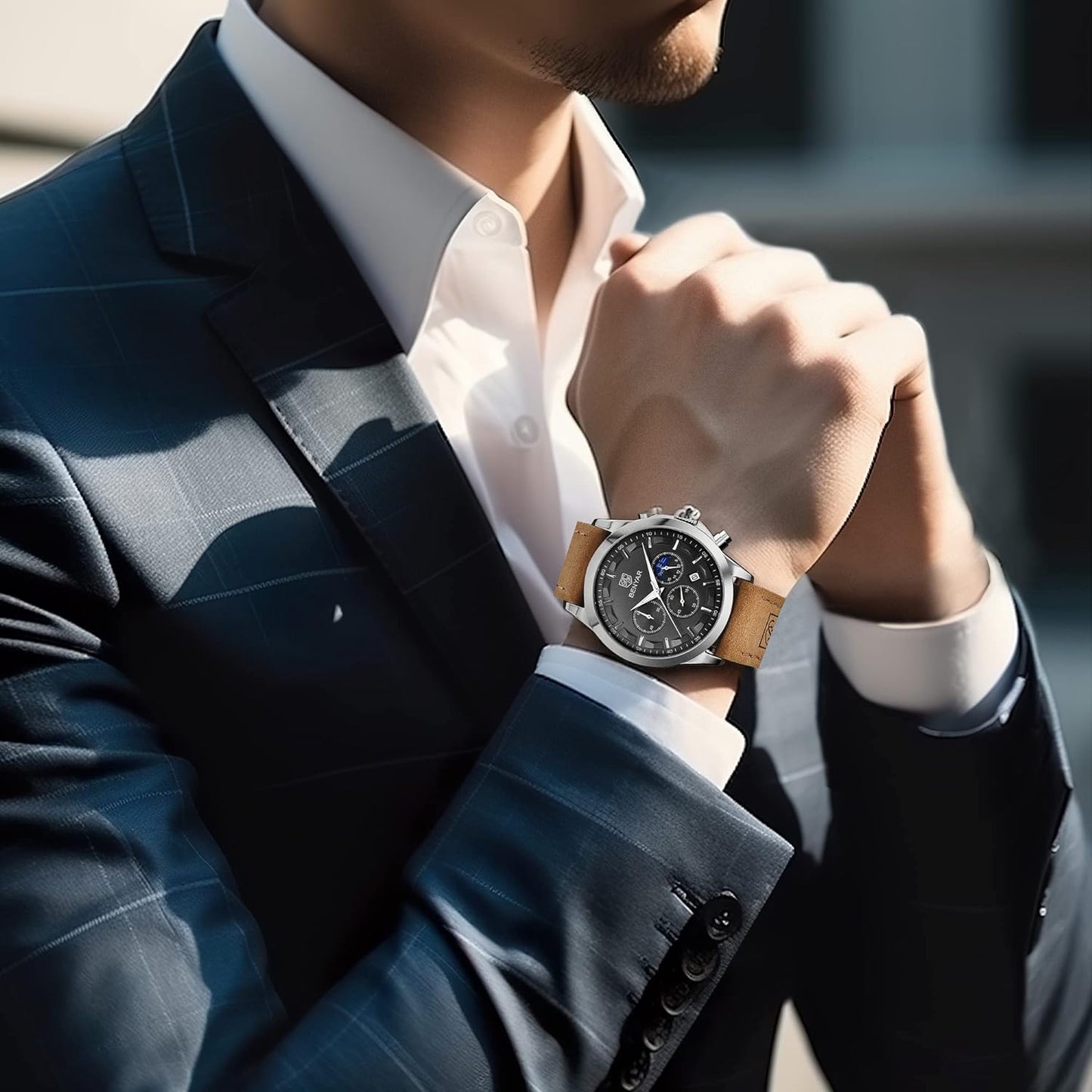 BY BENYAR Men's Watches Waterproof Sport Military Watch for Men Multifunction Chronograph Black Fashion Quartz Wristwatches Calendar with Leather Strap/Stainless Steel