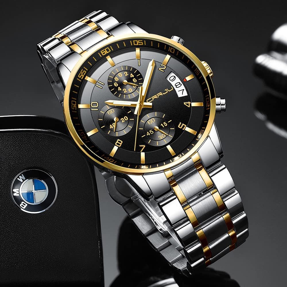 CRRJU Men's Fashion Stainless Steel Watches Date Waterproof Chronograph Wristwatches,Stainsteel Steel Band Waterproof Watch