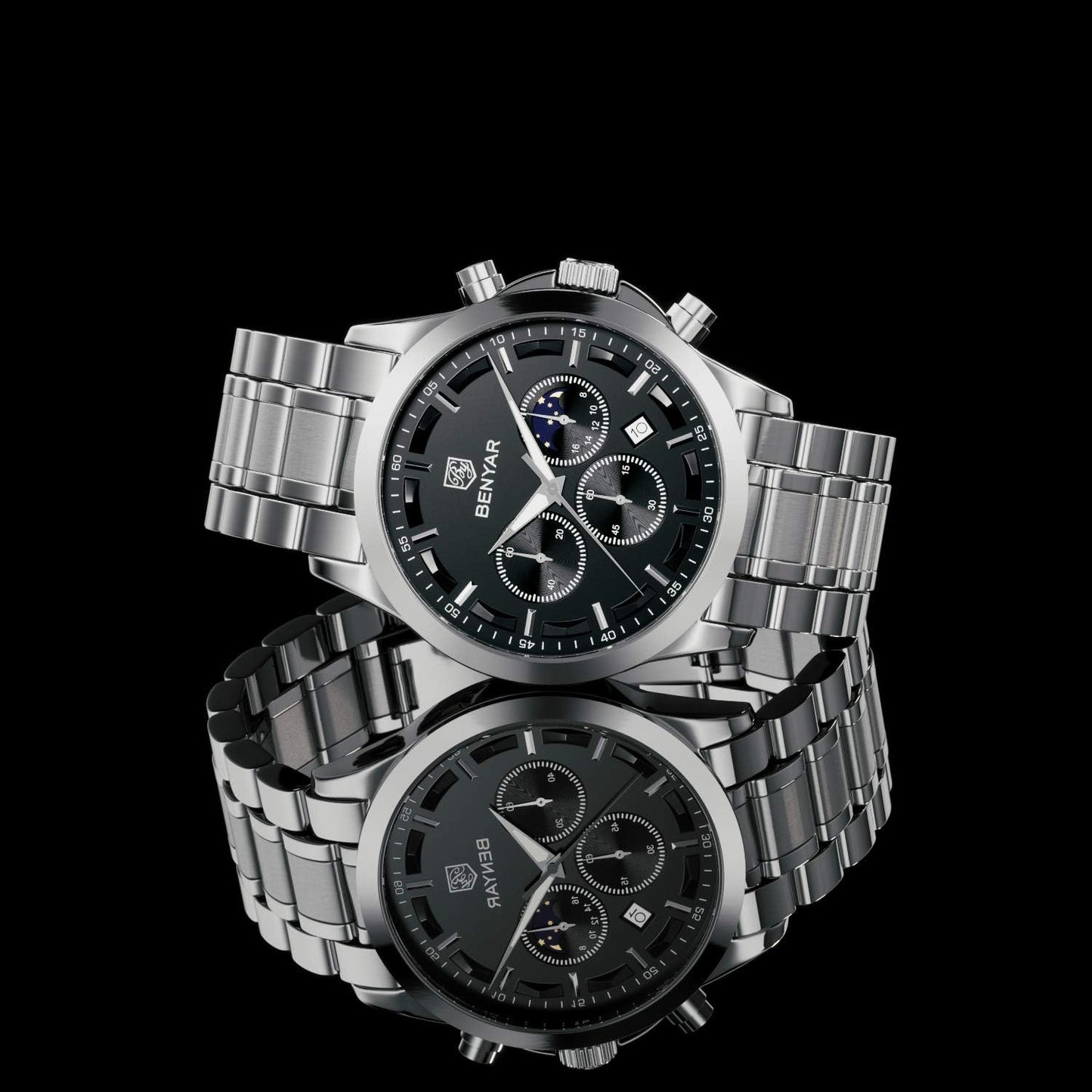 BY BENYAR Men's Watches Waterproof Sport Military Watch for Men Multifunction Chronograph Black Fashion Quartz Wristwatches Calendar with Leather Strap/Stainless Steel
