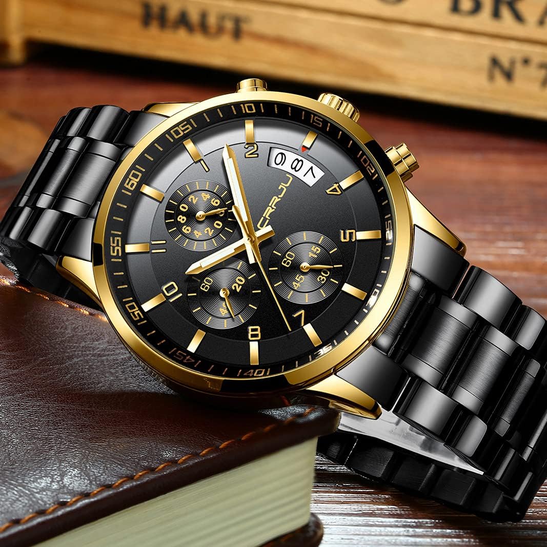 CRRJU Men's Fashion Stainless Steel Watches Date Waterproof Chronograph Wristwatches,Stainsteel Steel Band Waterproof Watch