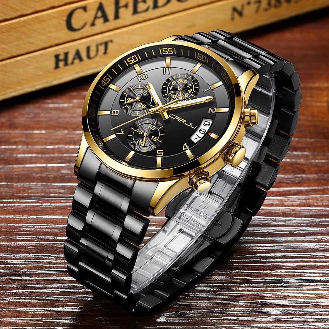 CRRJU Men's Fashion Stainless Steel Watches Date Waterproof Chronograph Wristwatches,Stainsteel Steel Band Waterproof Watch