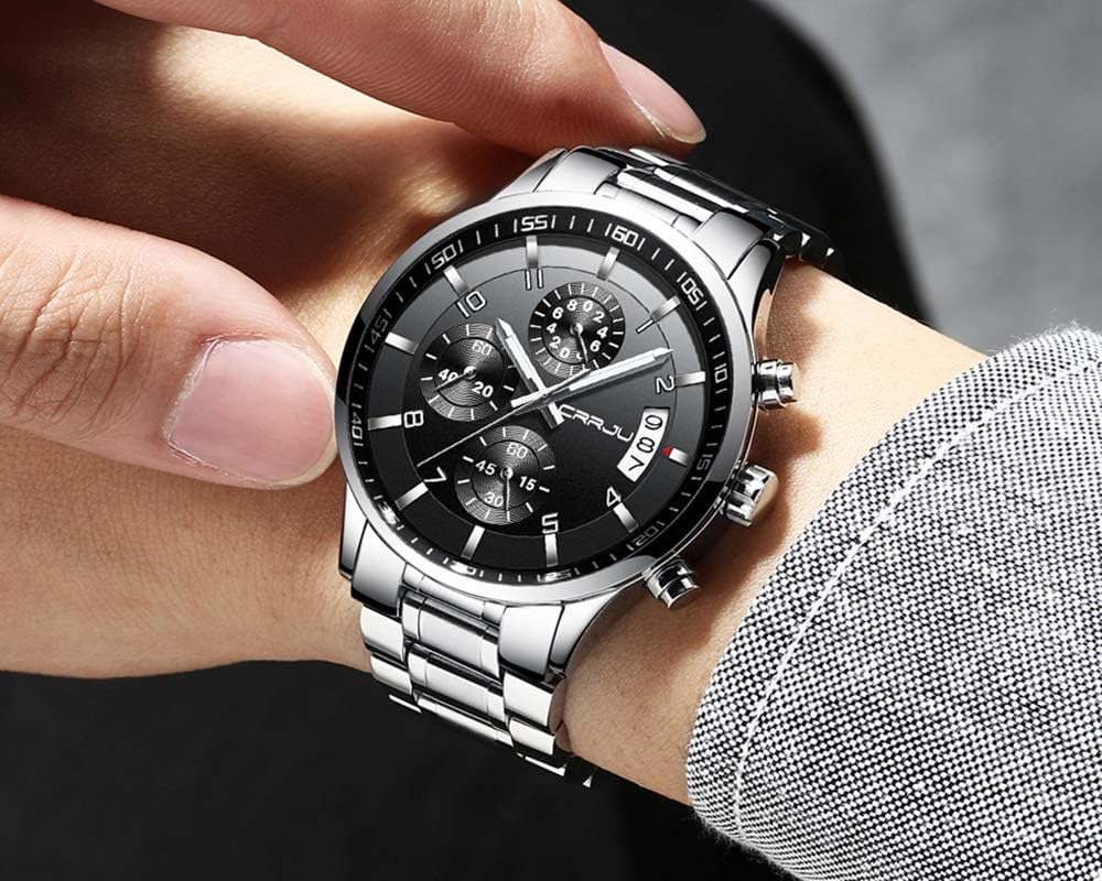 CRRJU Men's Fashion Stainless Steel Watches Date Waterproof Chronograph Wristwatches,Stainsteel Steel Band Waterproof Watch