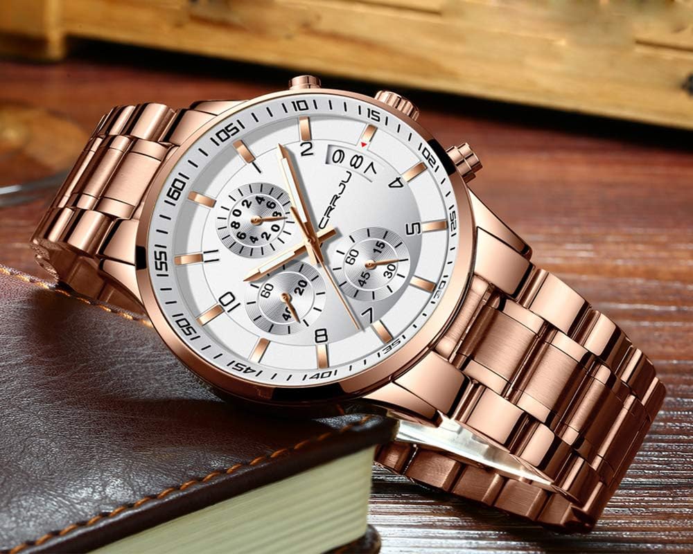 CRRJU Men's Fashion Stainless Steel Watches Date Waterproof Chronograph Wristwatches,Stainsteel Steel Band Waterproof Watch