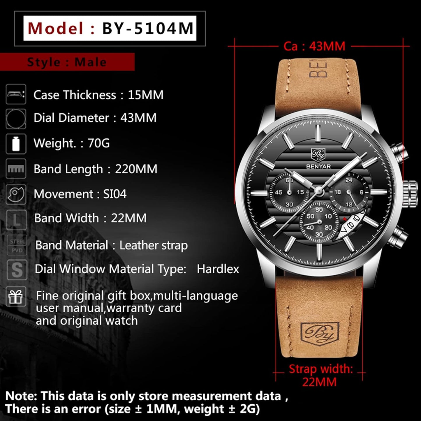 BENYAR Quartz Chronograph Waterproof Watches Business and Sport Design Leather Band Strap Wrist Watch for Men
