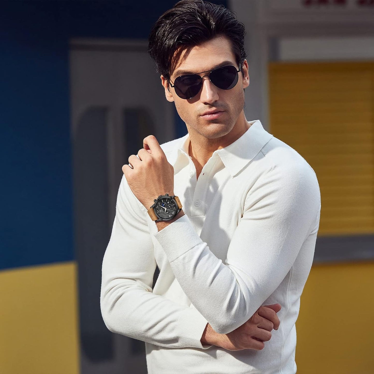 BY BENYAR Men's Watches Waterproof Sport Military Watch for Men Multifunction Chronograph Black Fashion Quartz Wristwatches Calendar with Leather Strap/Stainless Steel