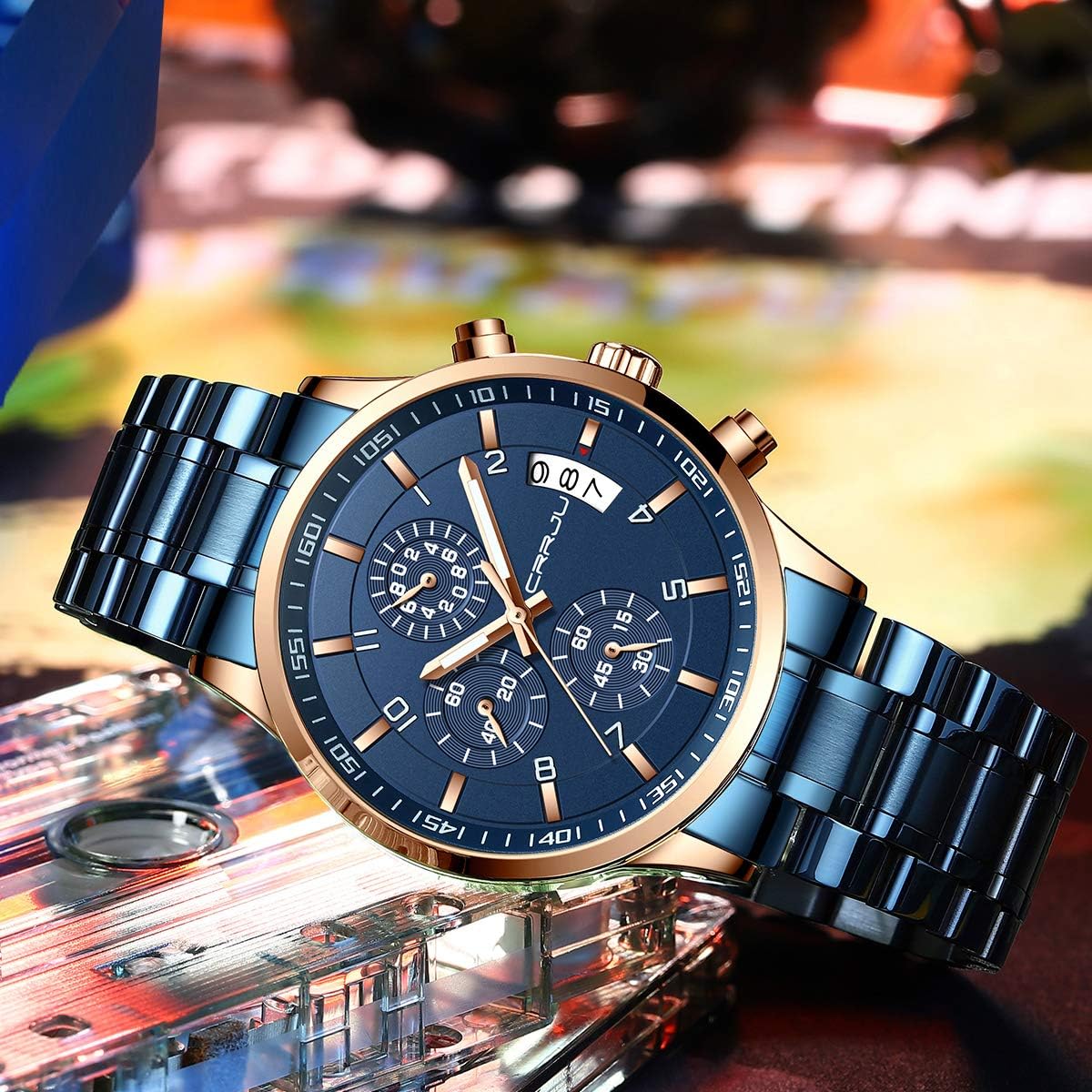CRRJU Men's Fashion Stainless Steel Watches Date Waterproof Chronograph Wristwatches,Stainsteel Steel Band Waterproof Watch