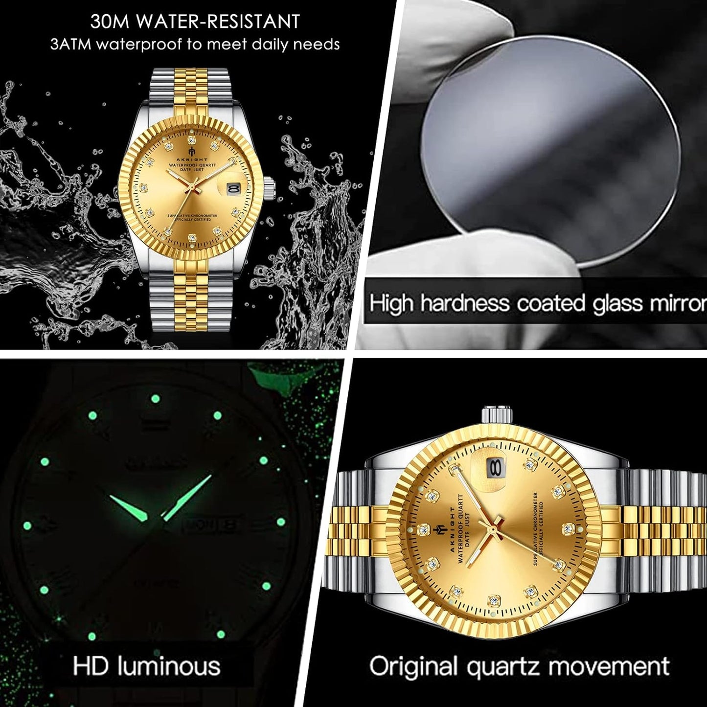 BY BENYAR AKNIGHT Watches for Men Quartz Movement Watch,Waterproof Luminous Men's Watch, Stainless Steel Strap Business Watches