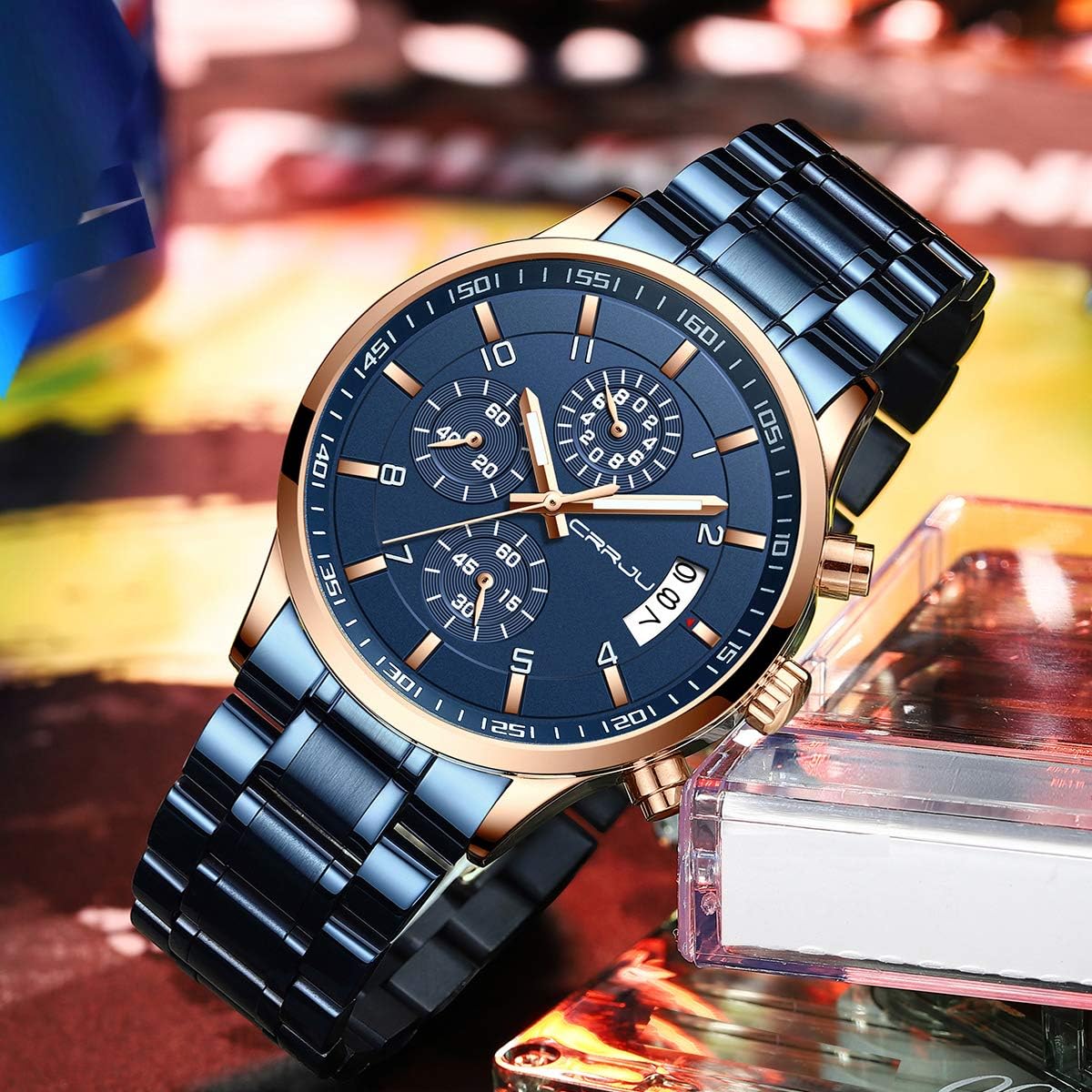 CRRJU Men's Fashion Stainless Steel Watches Date Waterproof Chronograph Wristwatches,Stainsteel Steel Band Waterproof Watch