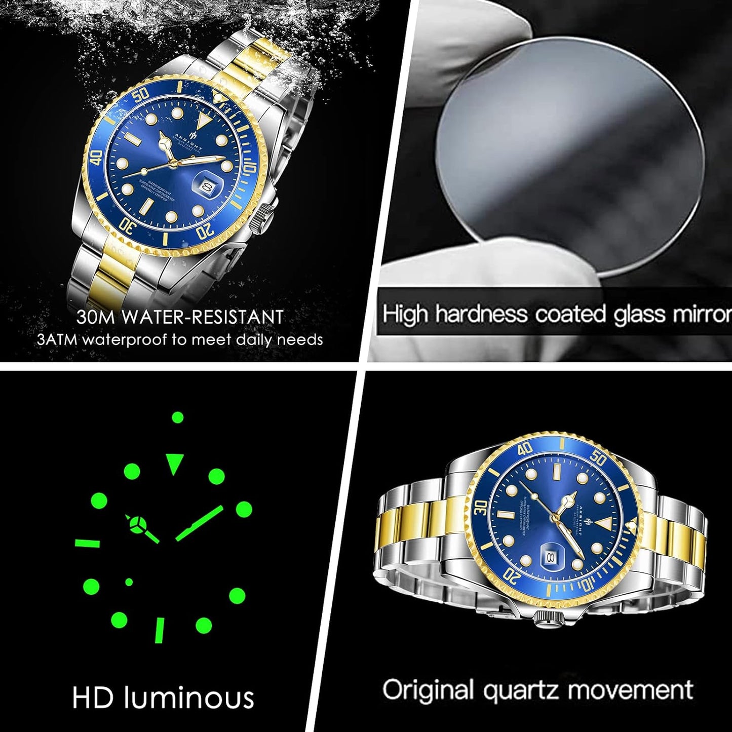 BY BENYAR AKNIGHT Watches for Men Quartz Movement Watch,Waterproof Luminous Men's Watch, Stainless Steel Strap Business Watches
