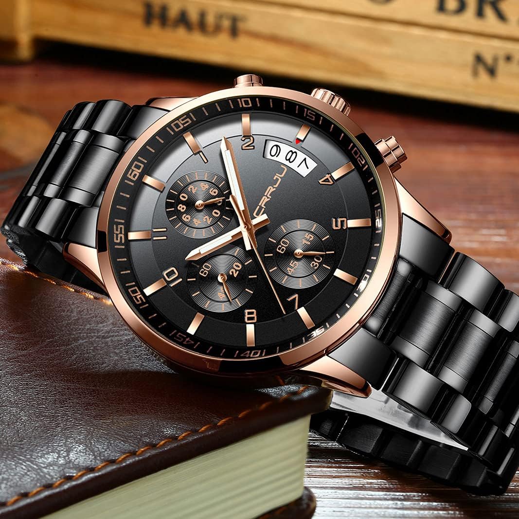 CRRJU Men's Fashion Stainless Steel Watches Date Waterproof Chronograph Wristwatches,Stainsteel Steel Band Waterproof Watch