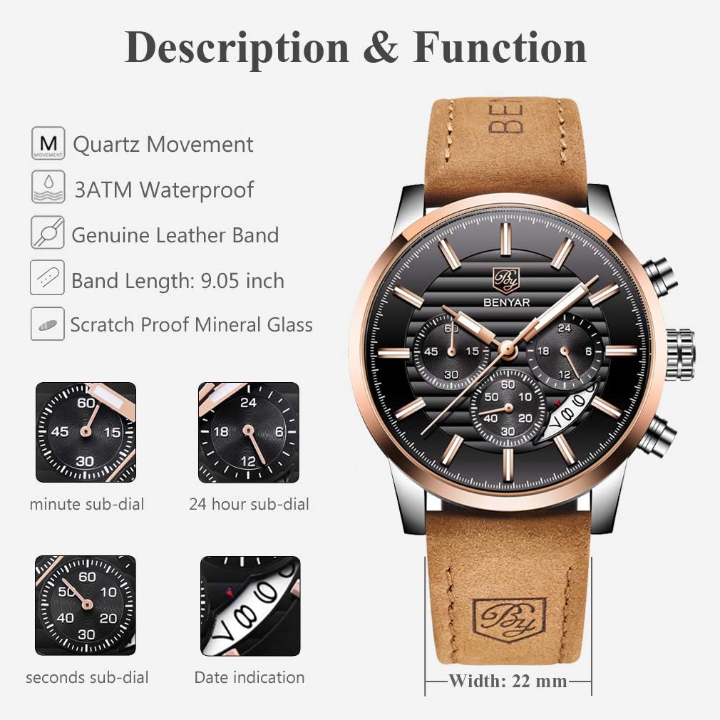 BENYAR Quartz Chronograph Waterproof Watches Business and Sport Design Leather Band Strap Wrist Watch for Men