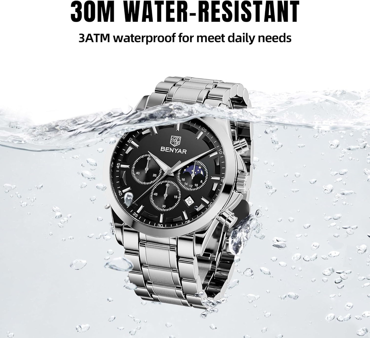 BY BENYAR Men's Watches Waterproof Sport Military Watch for Men Multifunction Chronograph Black Fashion Quartz Wristwatches Calendar with Leather Strap/Stainless Steel