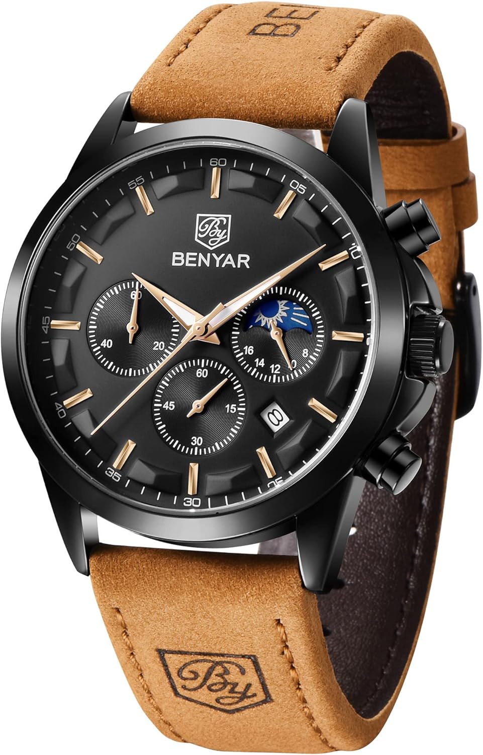 BY BENYAR Men's Watches Waterproof Sport Military Watch for Men Multifunction Chronograph Black Fashion Quartz Wristwatches Calendar with Leather Strap/Stainless Steel