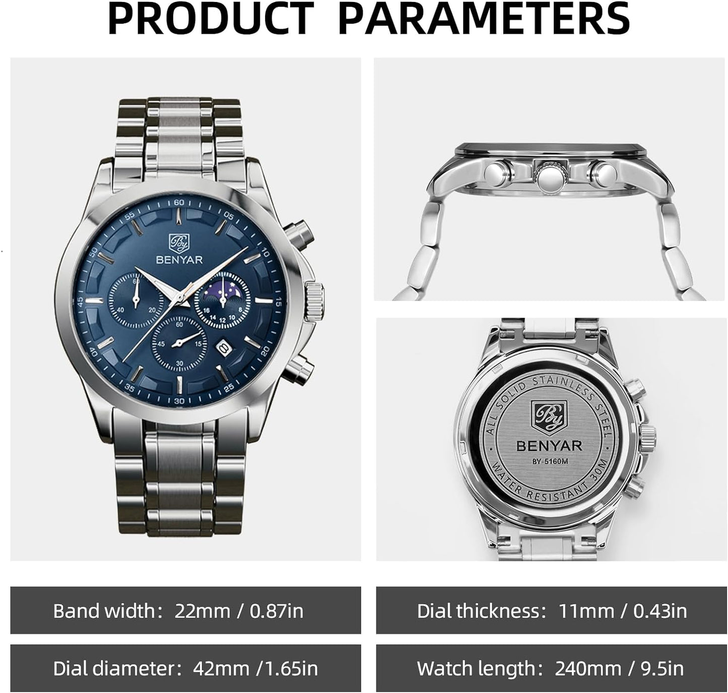 BY BENYAR Men's Watches Waterproof Sport Military Watch for Men Multifunction Chronograph Black Fashion Quartz Wristwatches Calendar with Leather Strap/Stainless Steel