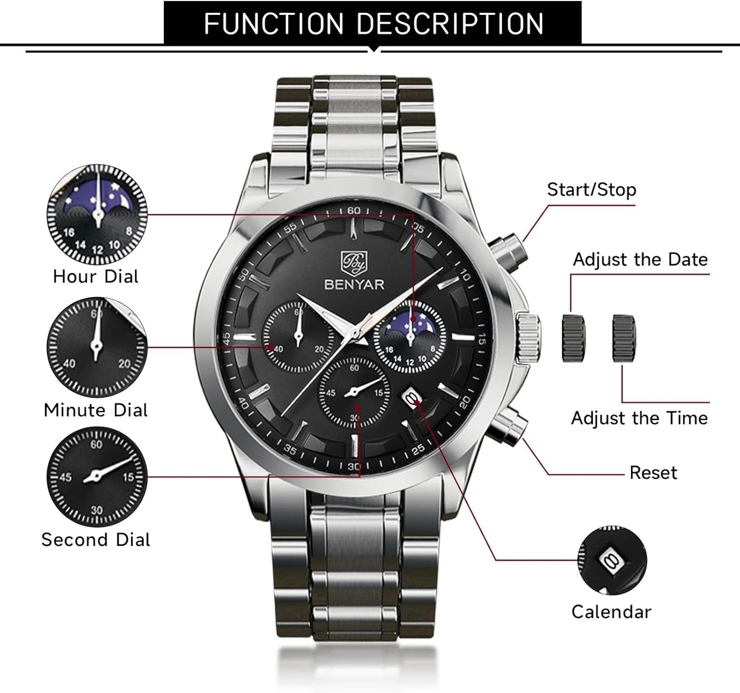 BY BENYAR Men's Watches Waterproof Sport Military Watch for Men Multifunction Chronograph Black Fashion Quartz Wristwatches Calendar with Leather Strap/Stainless Steel