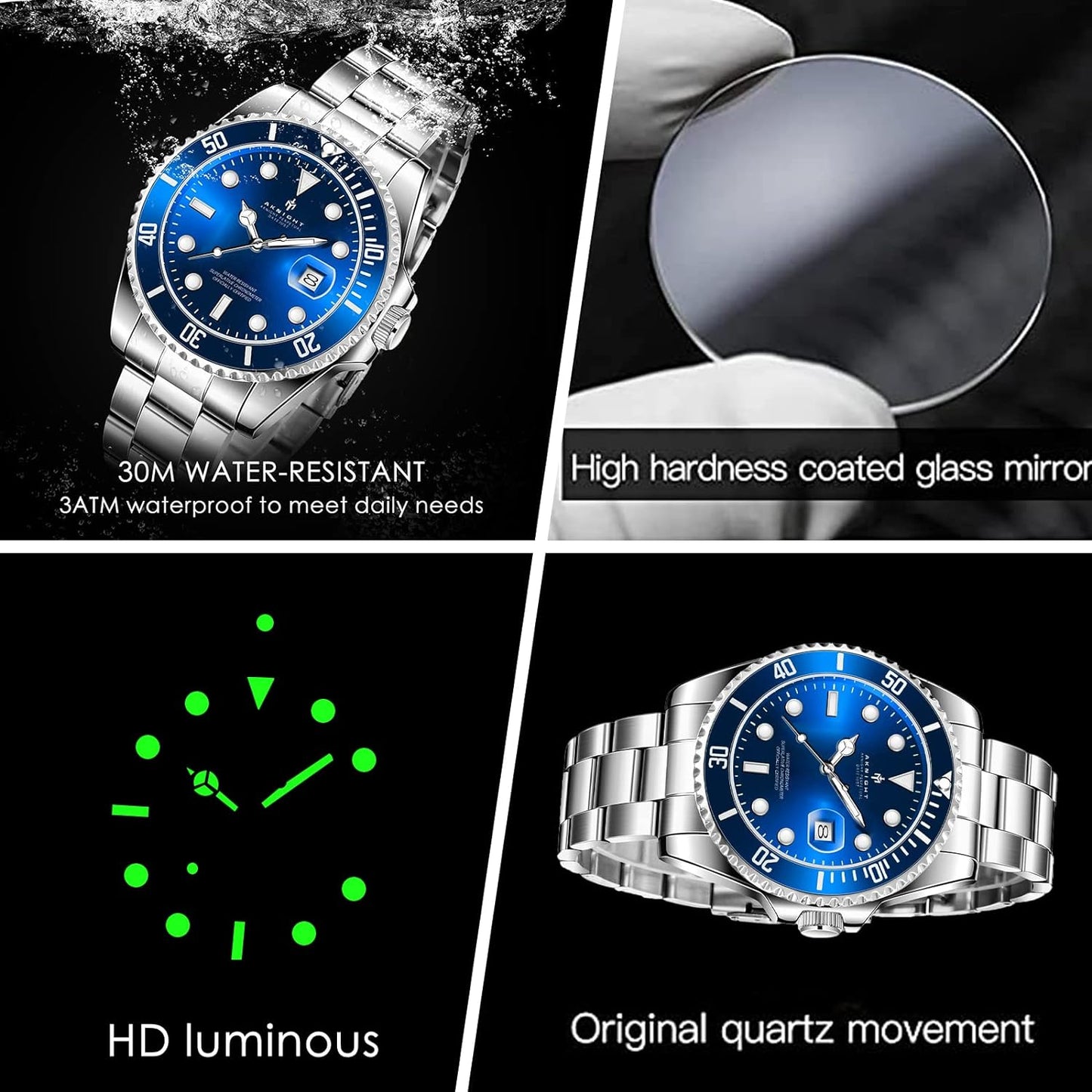 BY BENYAR AKNIGHT Watches for Men Quartz Movement Watch,Waterproof Luminous Men's Watch, Stainless Steel Strap Business Watches