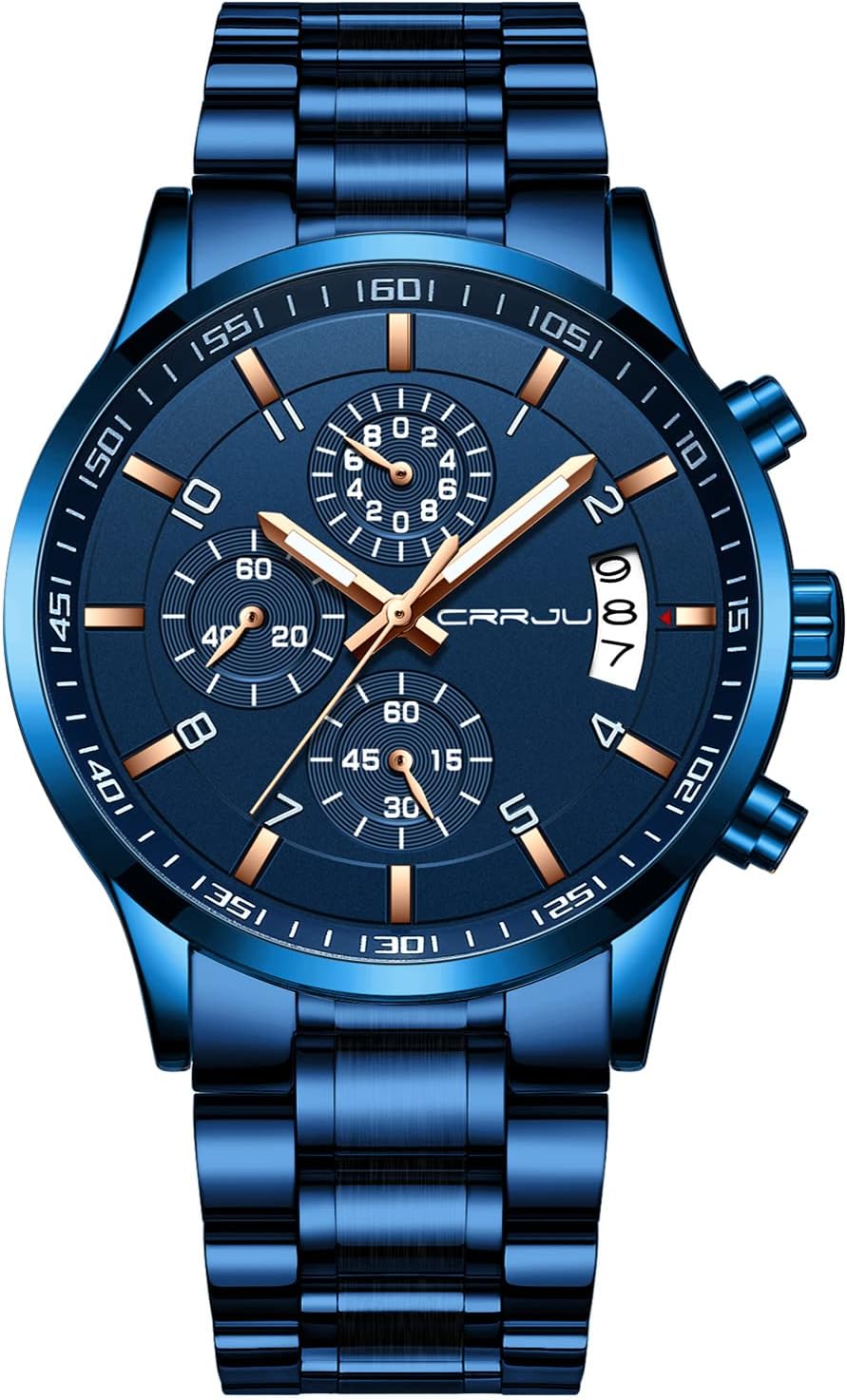 CRRJU Men's Fashion Stainless Steel Watches Date Waterproof Chronograph Wristwatches,Stainsteel Steel Band Waterproof Watch