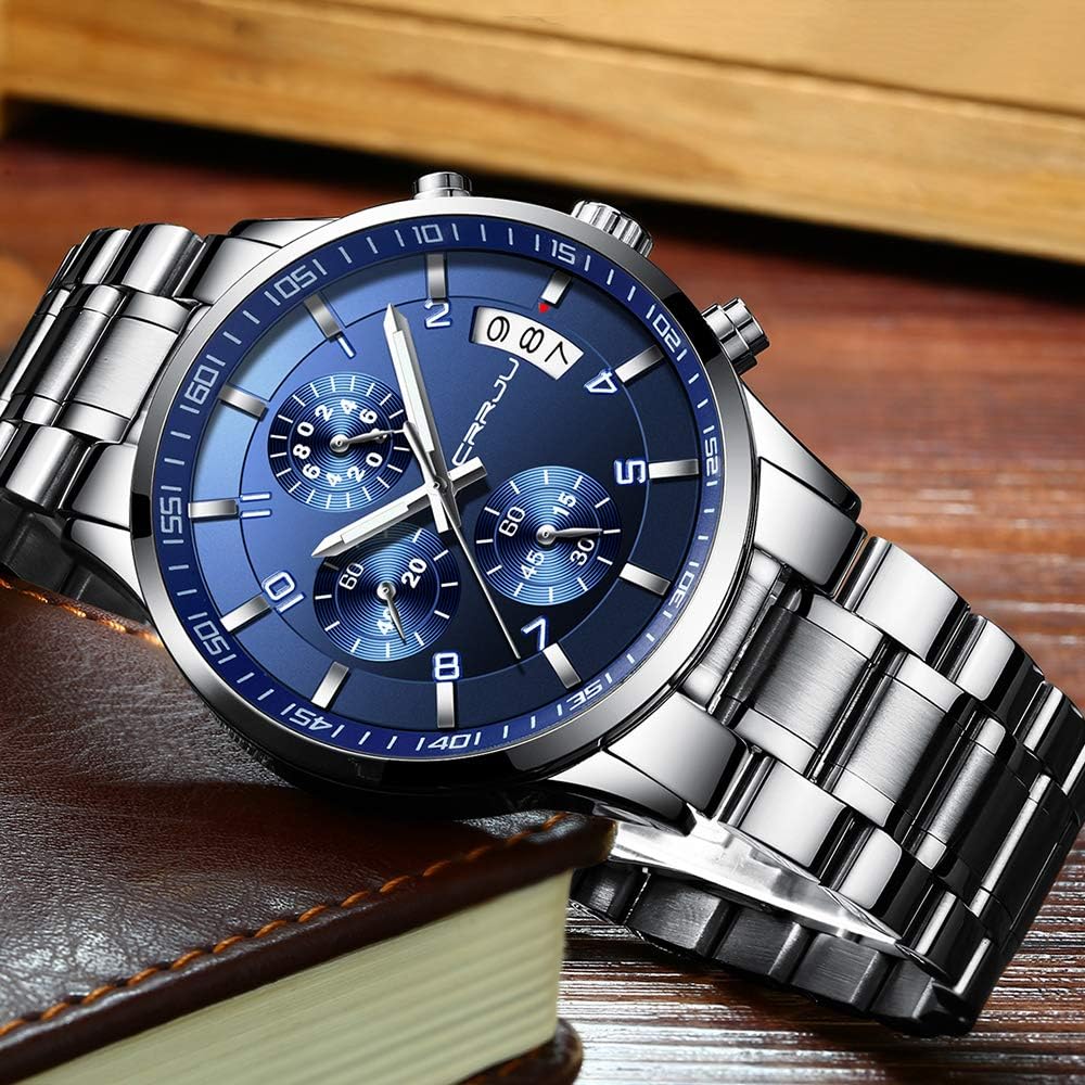 CRRJU Men's Fashion Stainless Steel Watches Date Waterproof Chronograph Wristwatches,Stainsteel Steel Band Waterproof Watch