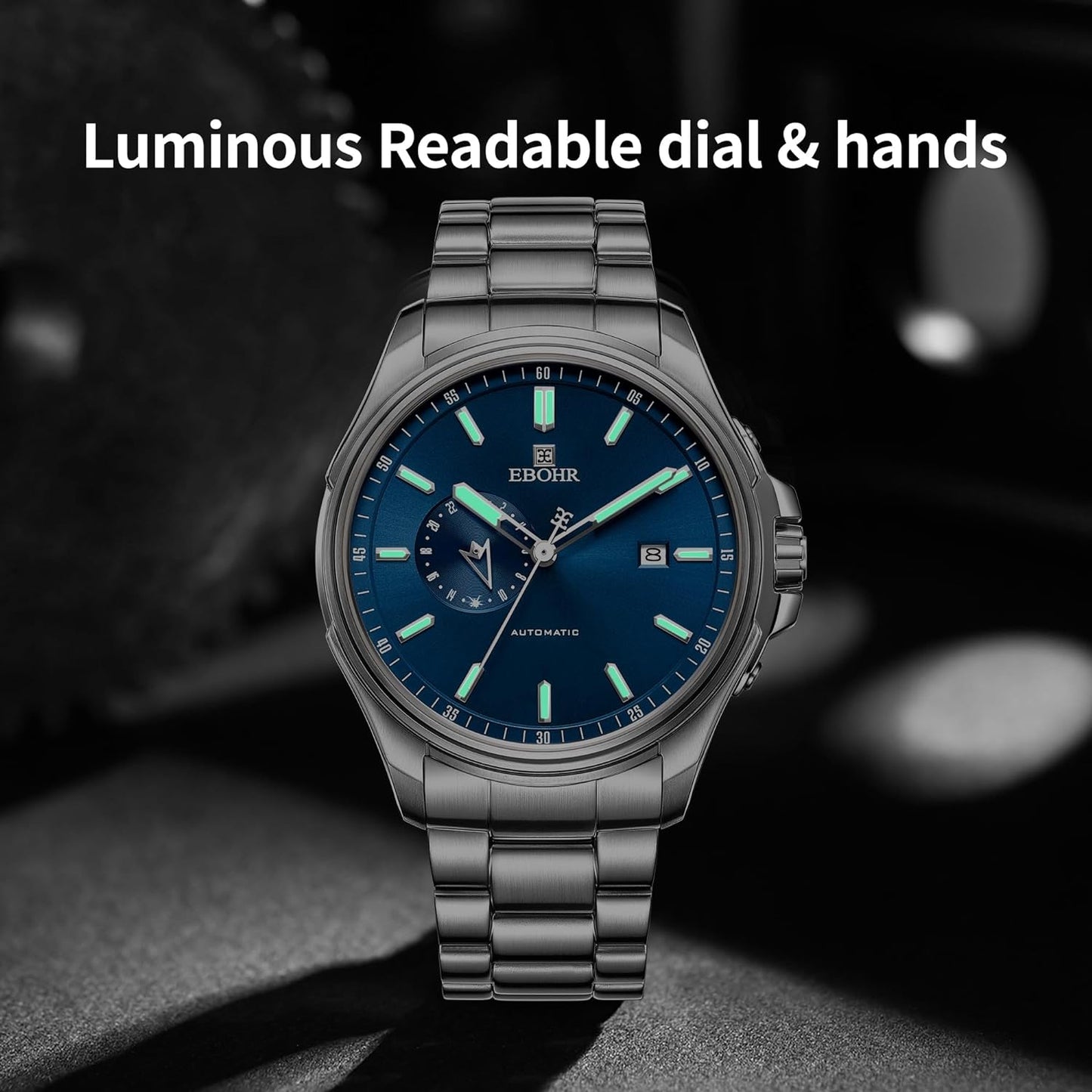 EBOHR Men's 21Jewel Mechanical Watch 316L Stainless Steel Wrist Watch Multifunctional Luminous Dial and Hand Easy to Read 43MM Business Classic Watch