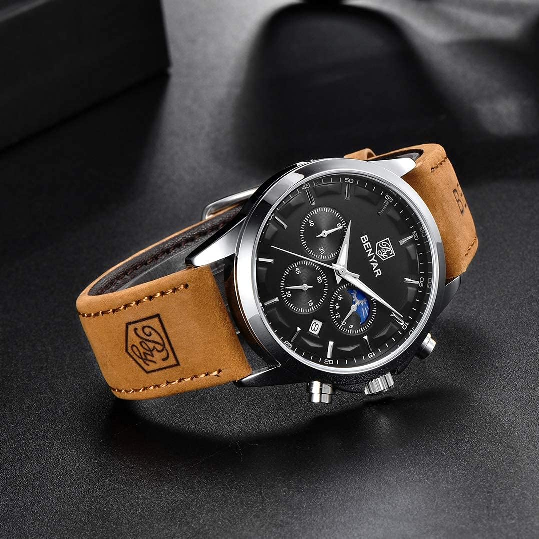 BY BENYAR Men's Watches Waterproof Sport Military Watch for Men Multifunction Chronograph Black Fashion Quartz Wristwatches Calendar with Leather Strap/Stainless Steel
