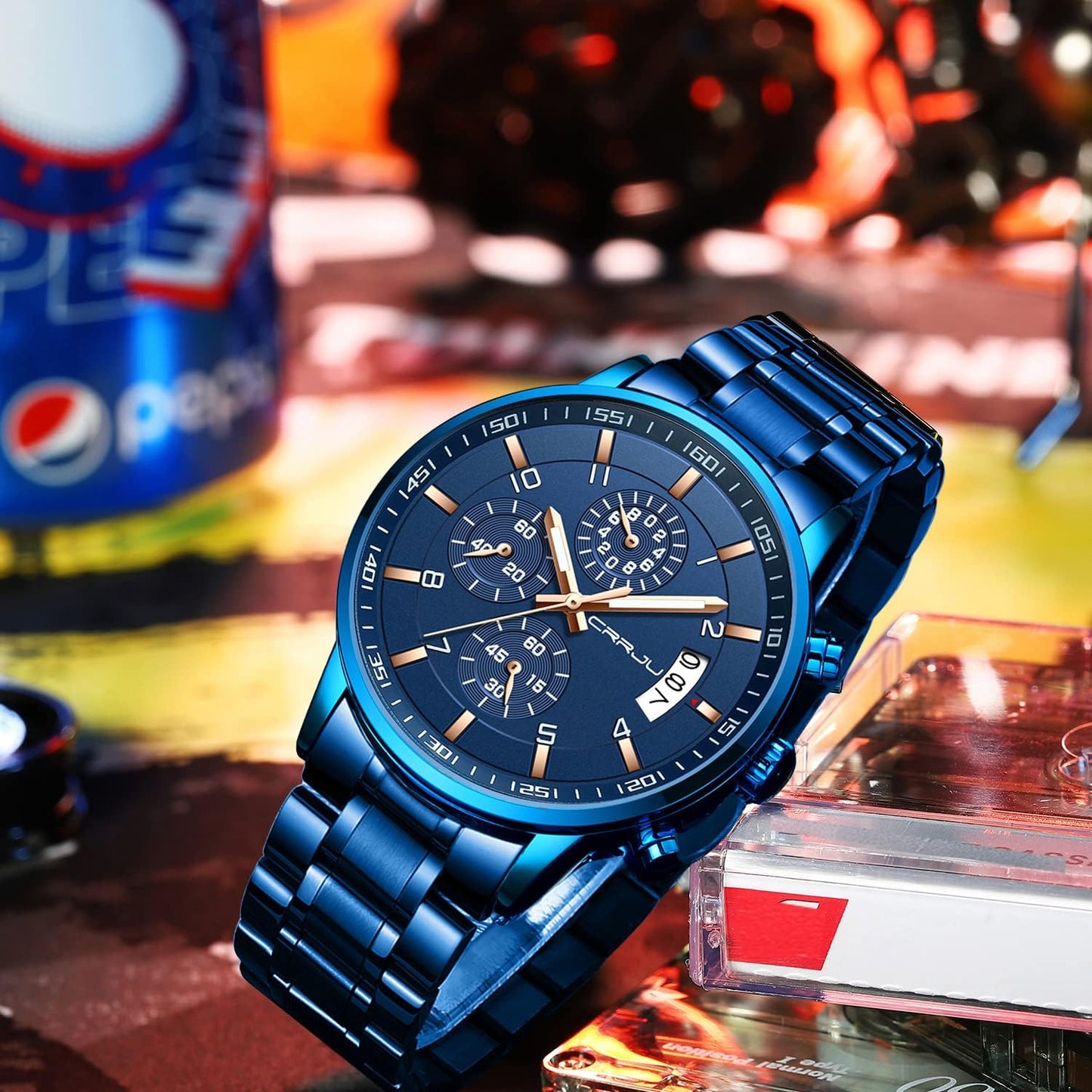 CRRJU Men's Fashion Stainless Steel Watches Date Waterproof Chronograph Wristwatches,Stainsteel Steel Band Waterproof Watch