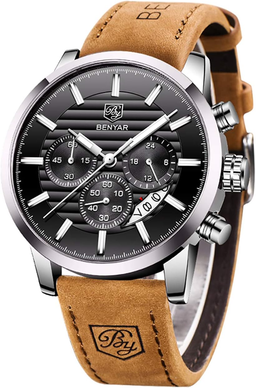 BENYAR Quartz Chronograph Waterproof Watches Business and Sport Design Leather Band Strap Wrist Watch for Men