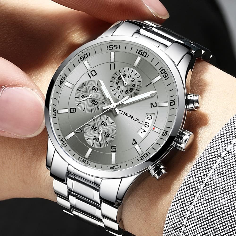 CRRJU Men's Fashion Stainless Steel Watches Date Waterproof Chronograph Wristwatches,Stainsteel Steel Band Waterproof Watch
