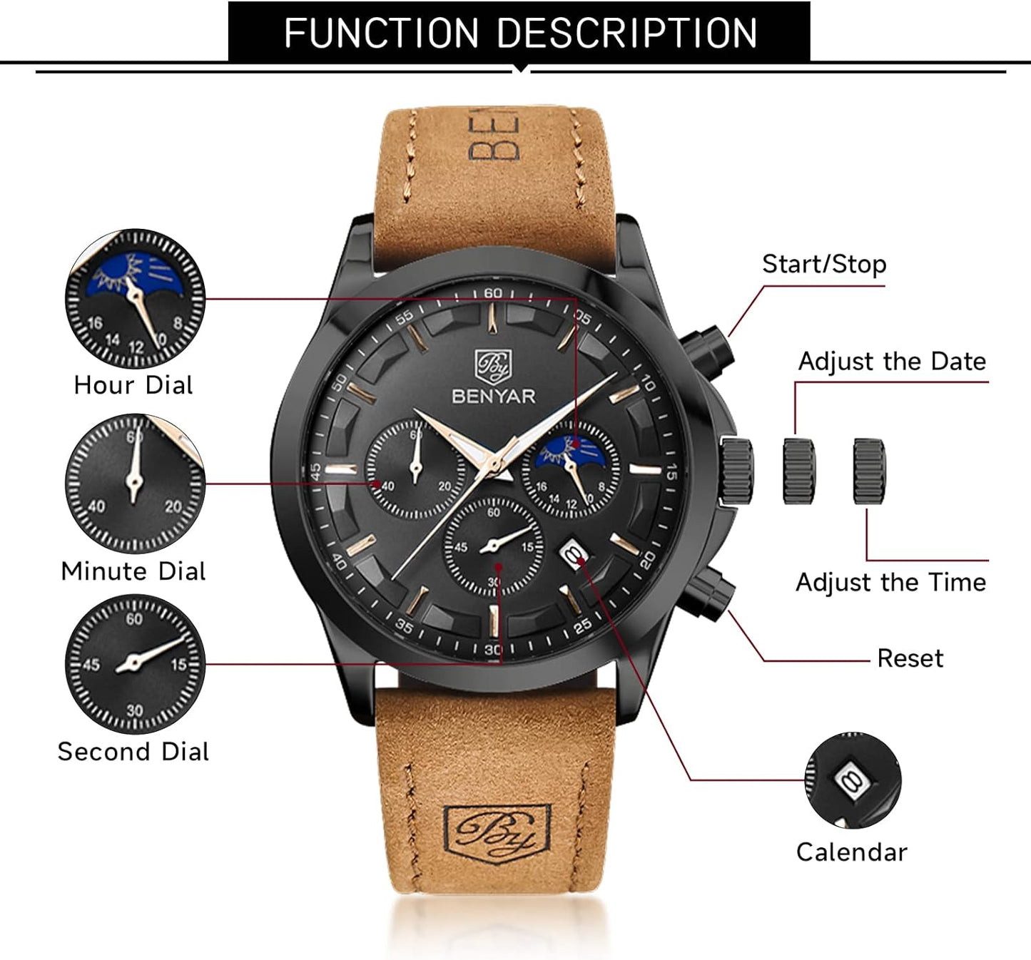 BY BENYAR Men's Watches Waterproof Sport Military Watch for Men Multifunction Chronograph Black Fashion Quartz Wristwatches Calendar with Leather Strap/Stainless Steel