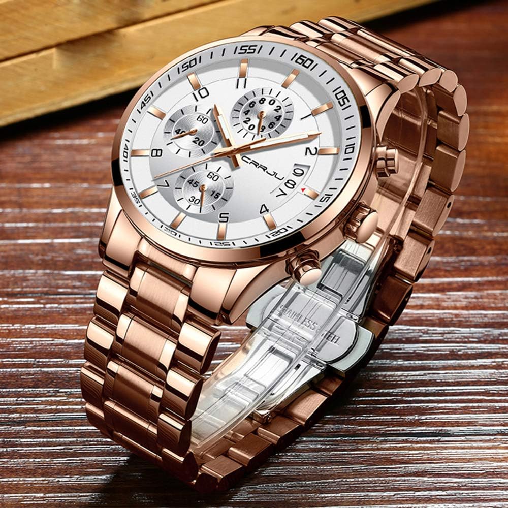 CRRJU Men's Fashion Stainless Steel Watches Date Waterproof Chronograph Wristwatches,Stainsteel Steel Band Waterproof Watch