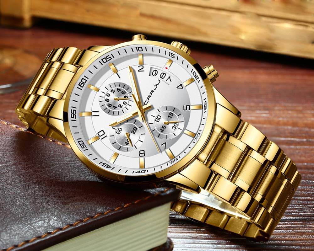 CRRJU Men's Fashion Stainless Steel Watches Date Waterproof Chronograph Wristwatches,Stainsteel Steel Band Waterproof Watch