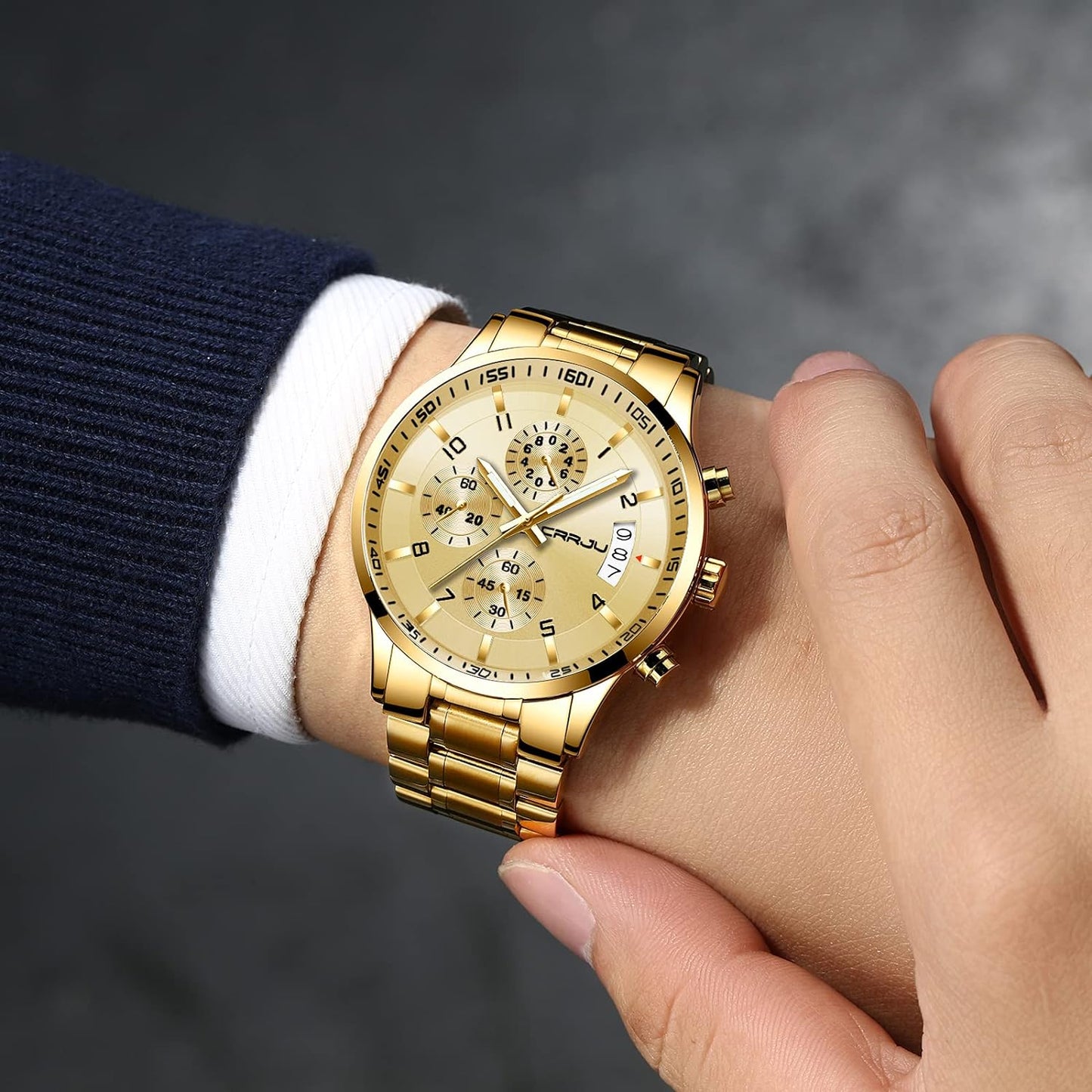 CRRJU Men's Fashion Stainless Steel Watches Date Waterproof Chronograph Wristwatches,Stainsteel Steel Band Waterproof Watch