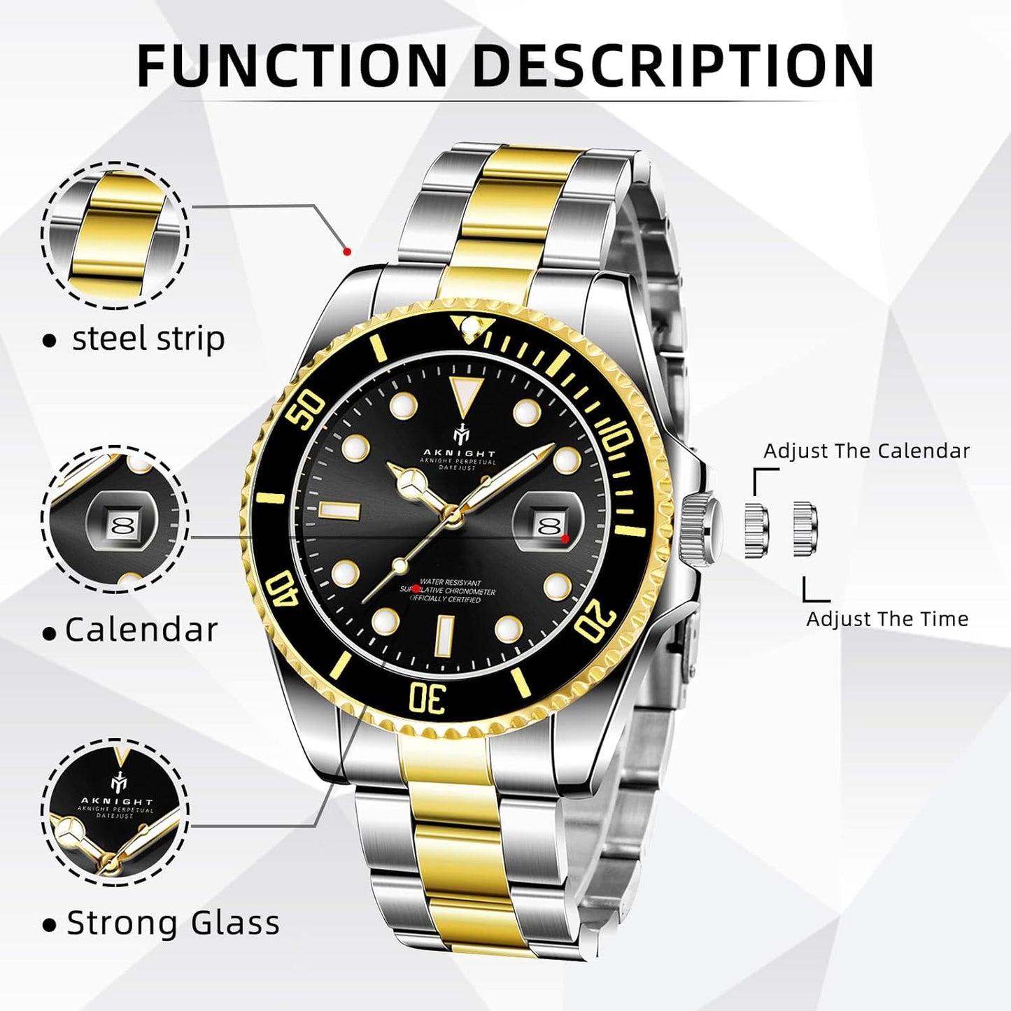 BY BENYAR AKNIGHT Watches for Men Quartz Movement Watch,Waterproof Luminous Men's Watch, Stainless Steel Strap Business Watches