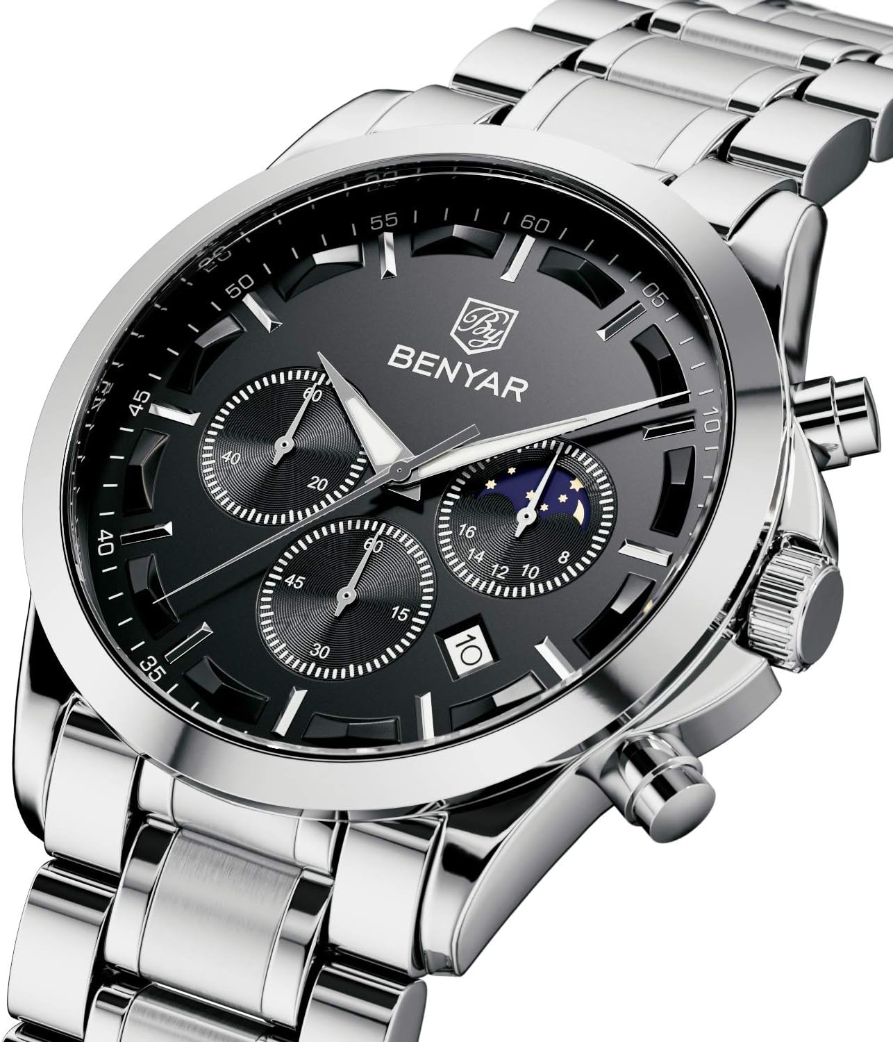 BY BENYAR Men's Watches Waterproof Sport Military Watch for Men Multifunction Chronograph Black Fashion Quartz Wristwatches Calendar with Leather Strap/Stainless Steel