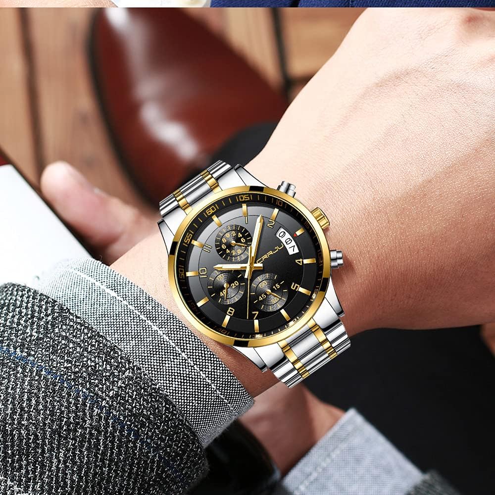 CRRJU Men's Fashion Stainless Steel Watches Date Waterproof Chronograph Wristwatches,Stainsteel Steel Band Waterproof Watch